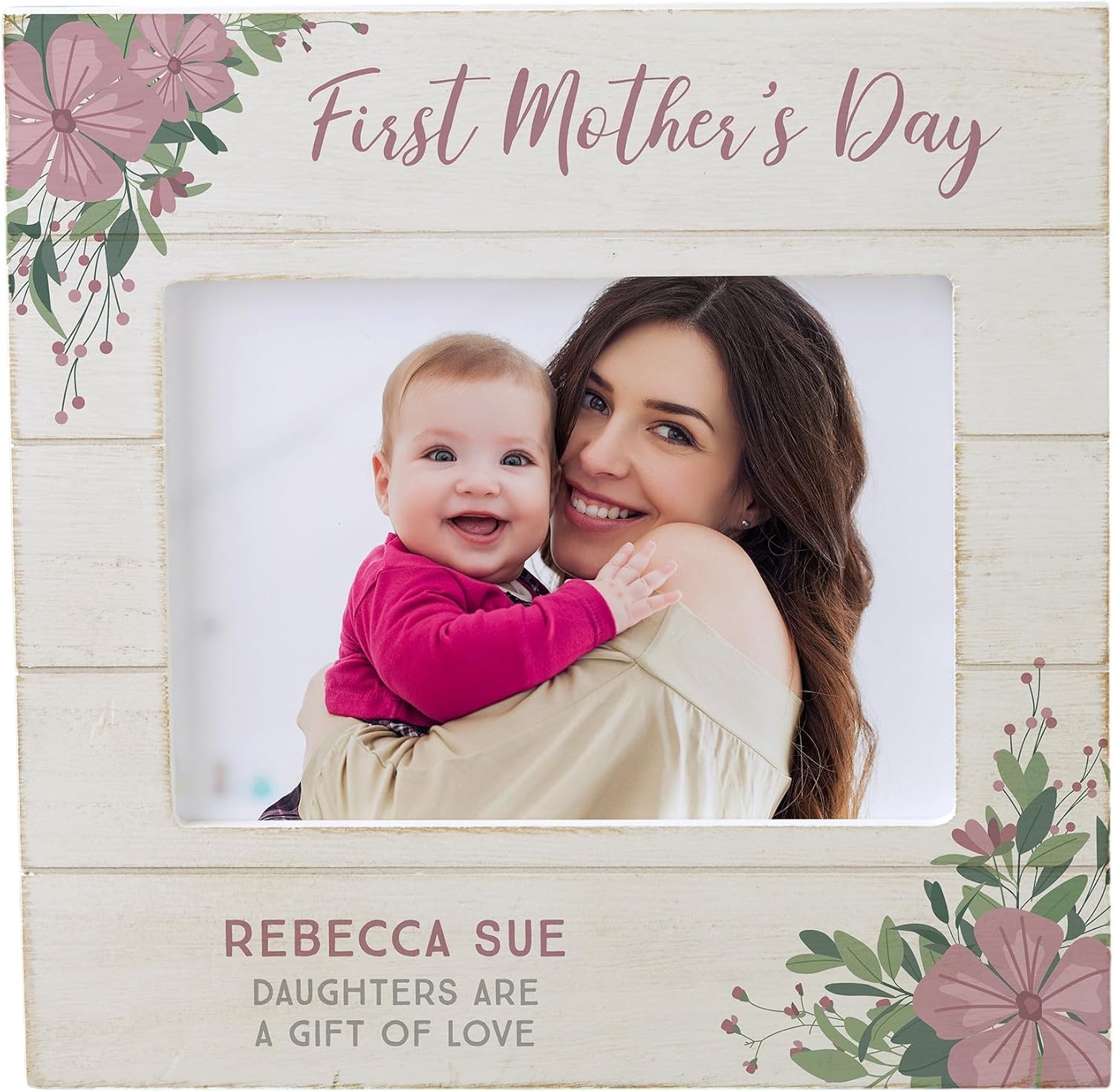Personalization Universe First Mother's Day Personalized Shiplap Picture Frame Customizable Rustic Farmhouse Photo Frame for Mom, Distressed White Wash, Tabletop Display - 5x7 Horizontal