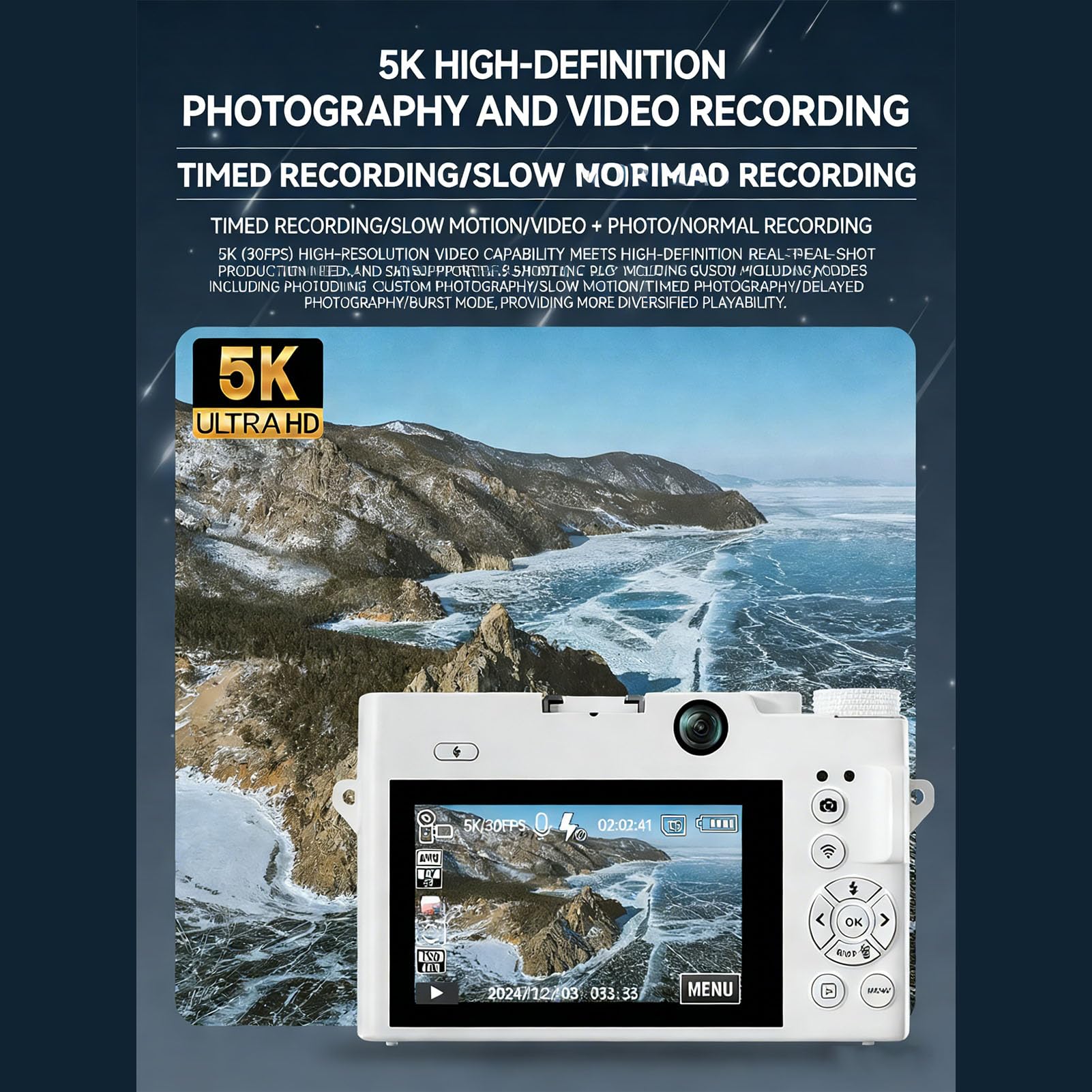 Jectse Fotocamera Digitale 5K per Fotografia con WiFi, Fotocamera per Vlogging Ultra HD da 75 MP con Schermo Ribaltabile a 180° da 3 Pollici, Compatta con Messa a Fuoco (White)