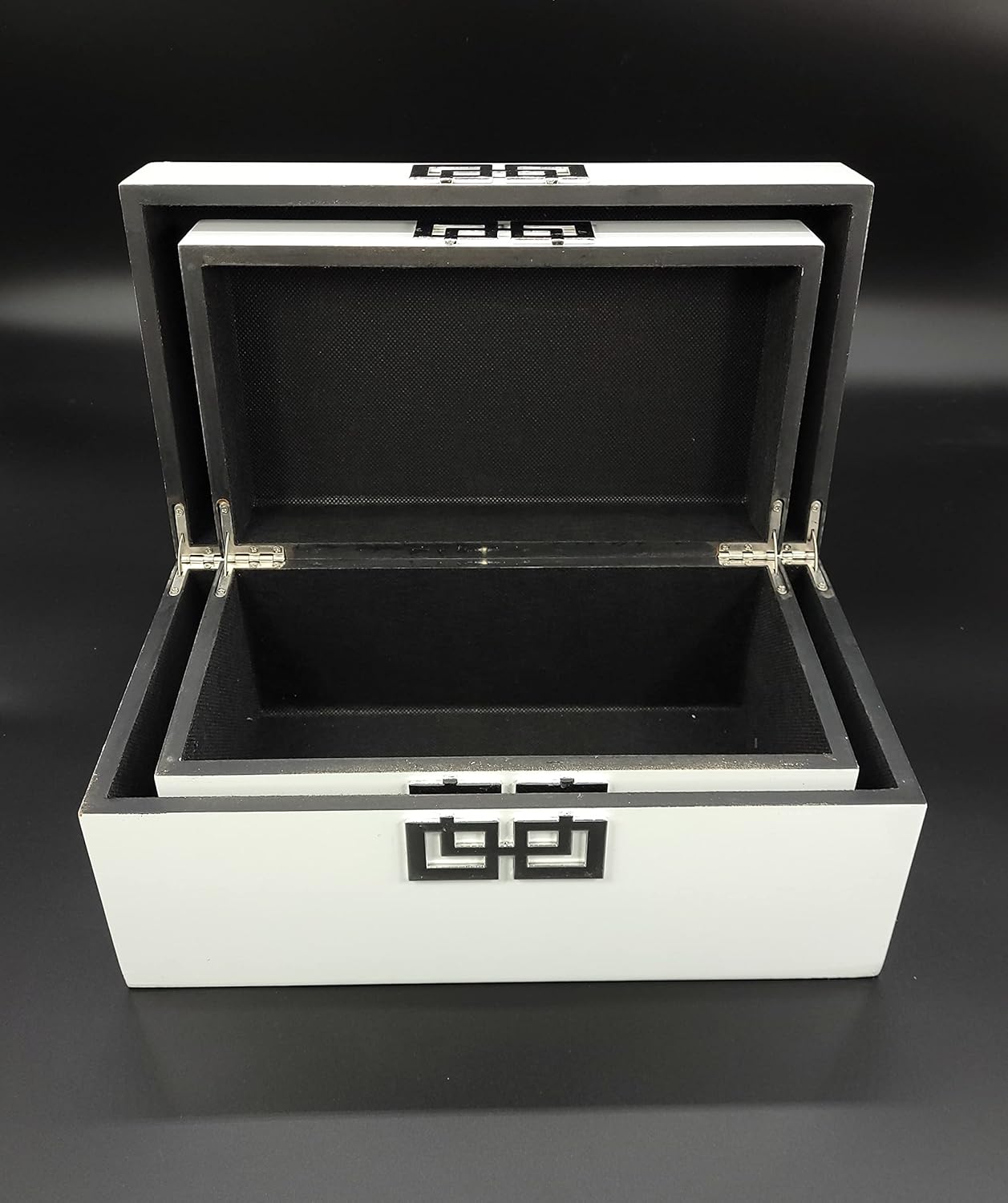 Galt International Storage Box Set Decorative Storage Box w/Hinged Lid Classic Design Wood Decor Boxes with Geometric Clasp Storage for Bedroom & Home - Set of 2 (White & Silver)