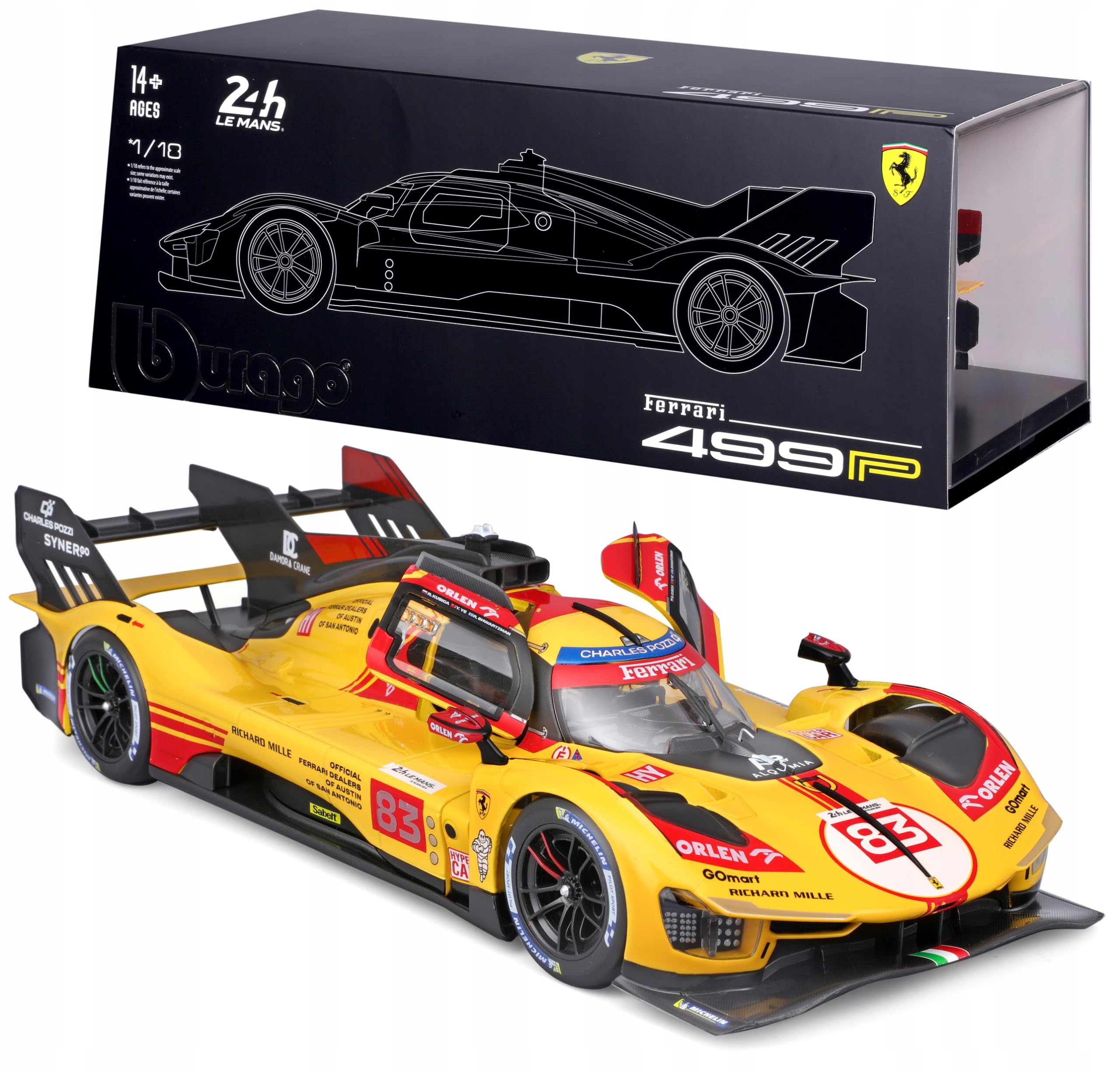 Bburago FERRARI RACING 499P LE MANS HYPERCAR(2024) AF CORSE #83, DELUXE HARD CASE, 1:18 Scale