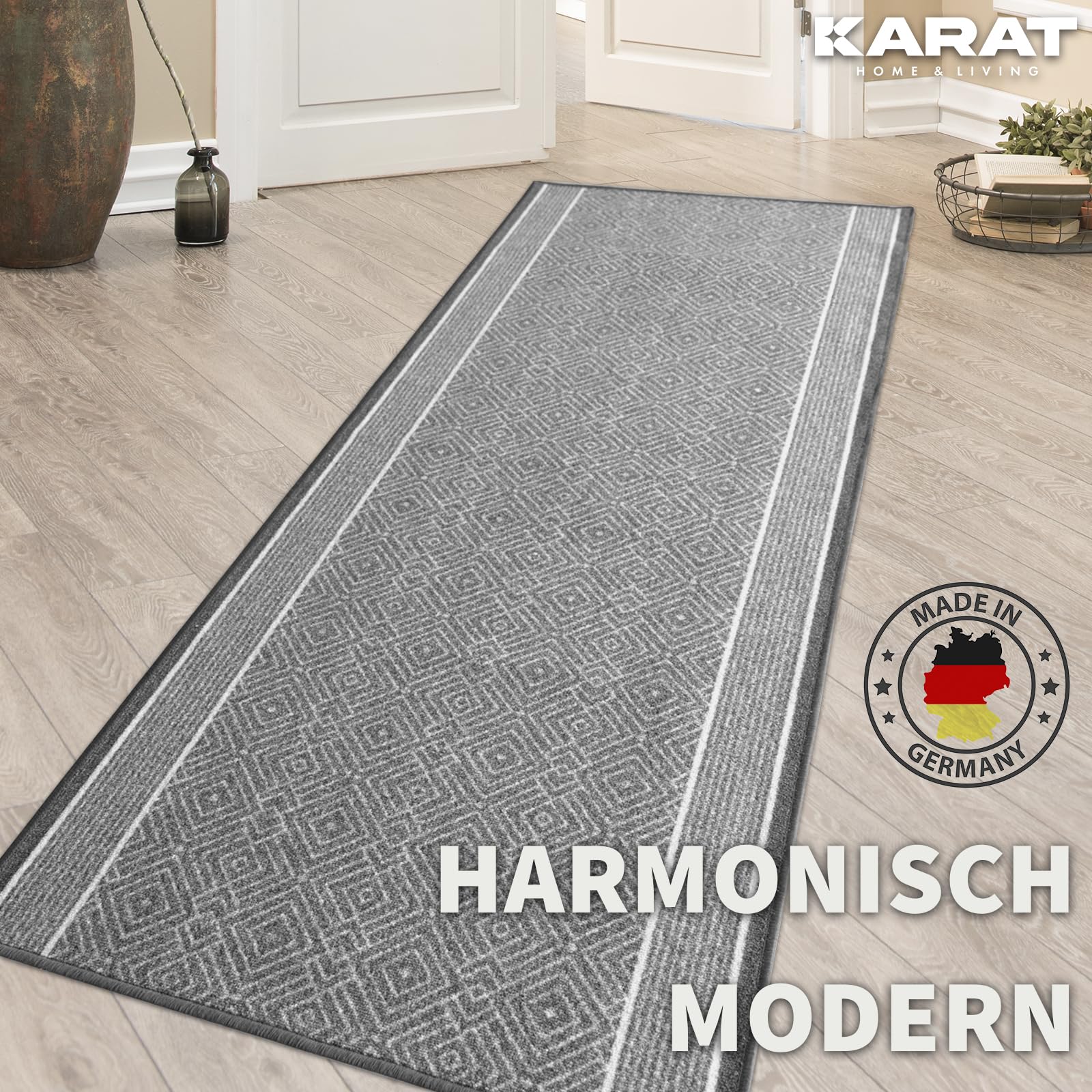 Tapis de couloir Olymp - Argenté, moderne à losanges - 80 x 400 cm - Pour cuisine, couloir et salon