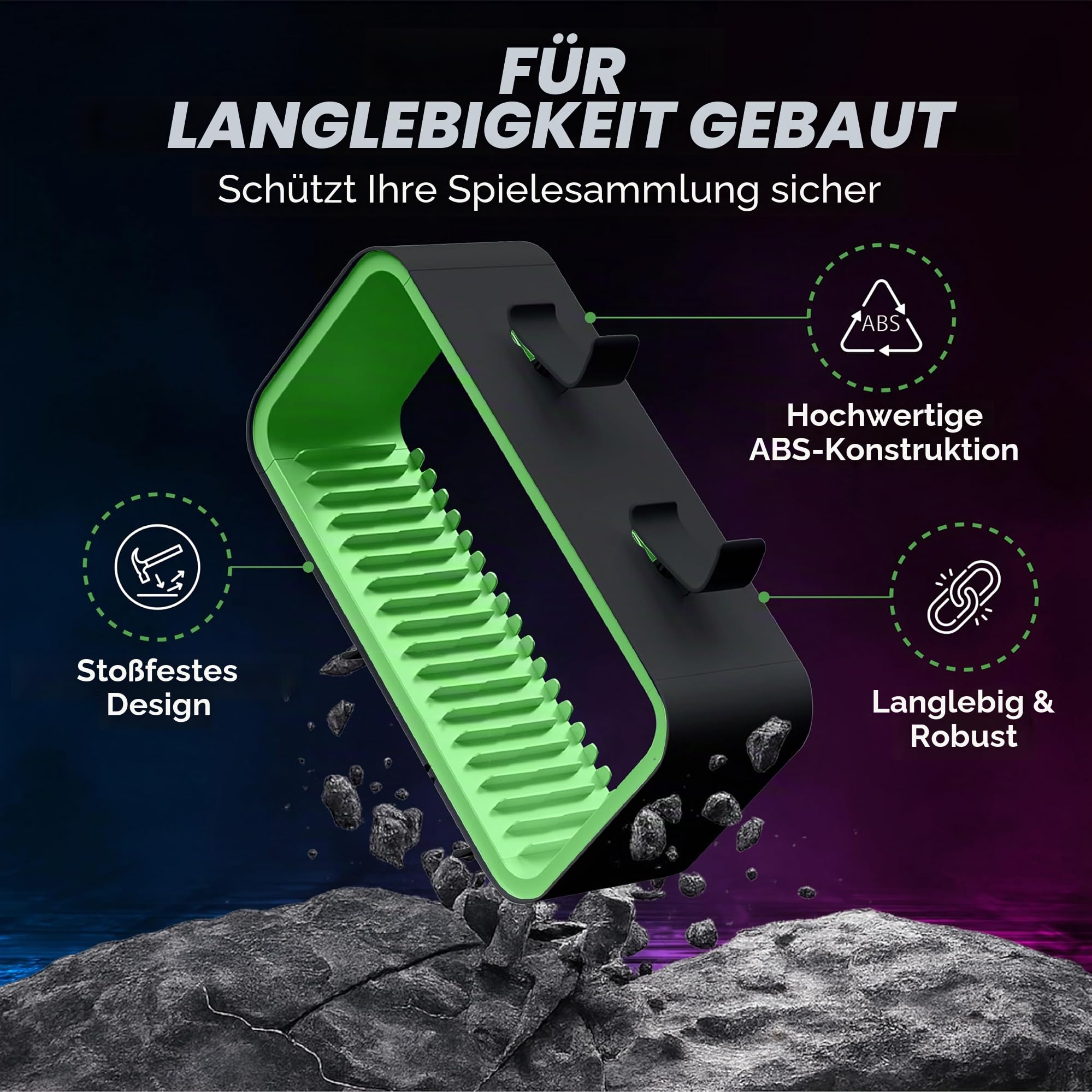 Universal Games Storage Tower Pro - Bis zu 18 Spiele - Mit Controller Halterung für bis zu 4 Gamepads - Gaming Zubehör für PS5, PS4, PS3, Xbox X/S/One, Switch, Switch OLED, Blue Ray, DVD