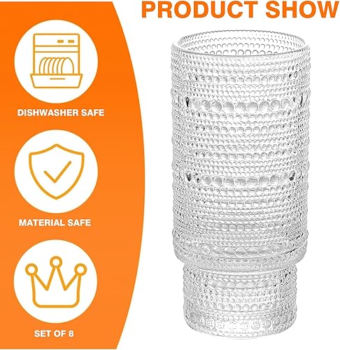 Miniatura 6 de KEMORELA Juego de 8 vasos vintage para beber y cristalería de hobuñas incluye vasos de agua de 16 onzas y copas de vino de copa de 8 onzas,