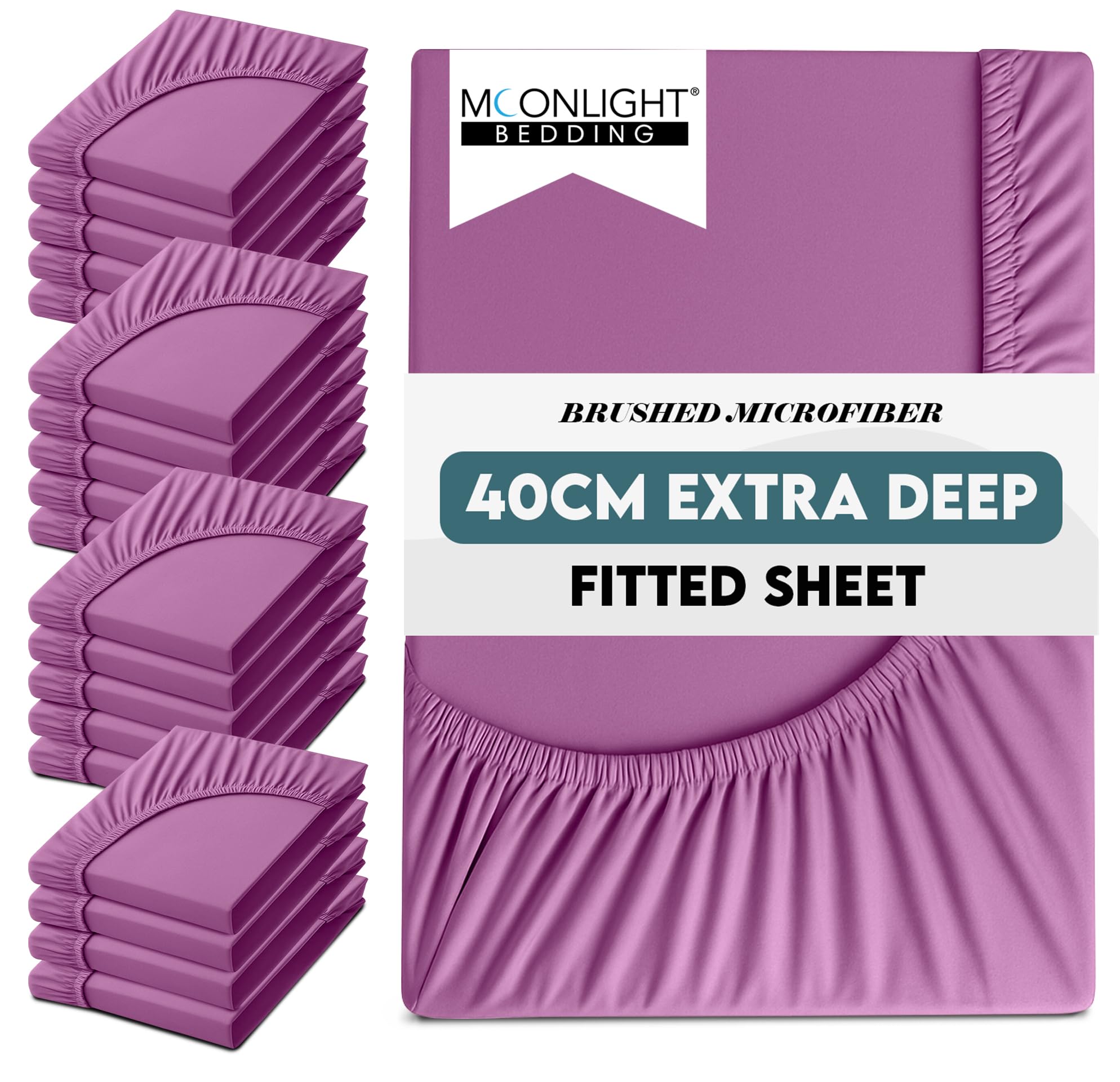 Moonlight Bedding Double Sheet Fitted Bed Sheet 20 Pack 40CM Purple Bedsheet with Elastic Corners 16 Inch Extra Deep Pocket Brushed Microfiber Easy Care Breathable Shrinkage Fade-Resistant — image 1