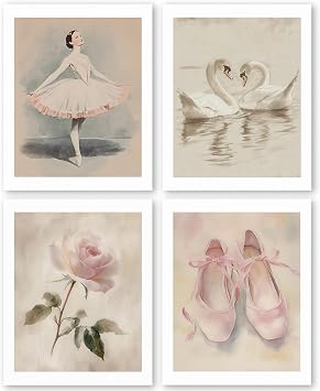 QLMX Ballet Girl Wall Art Prints Set of 4, Ballet Room Decor, Ballets Wall Decor, Pink Dancing Shoes Prints for Wall Decor, Vintage Swan Decor Poster for Girls Room 8x10 Unframed
