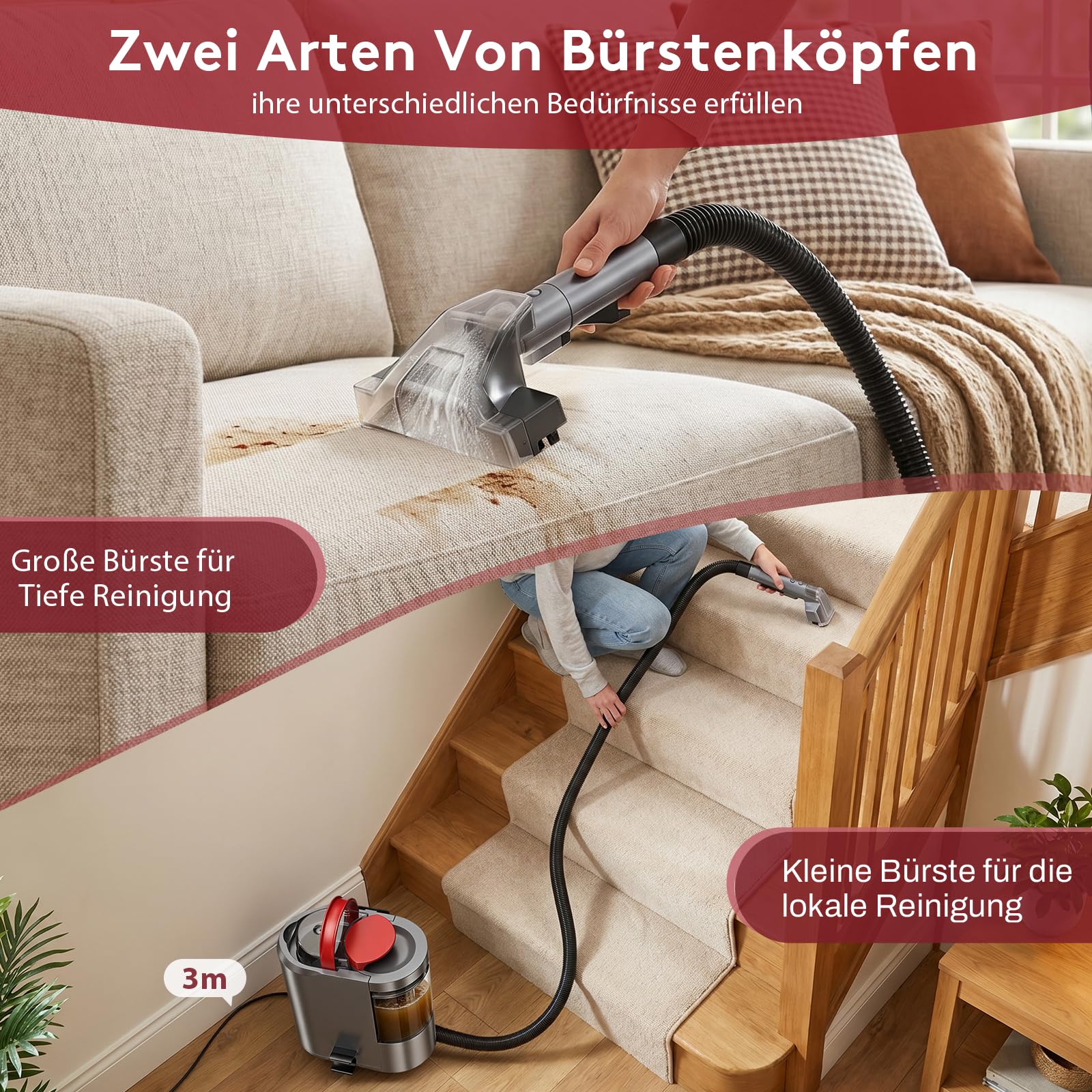 Nasssauger Polsterreiniger Gerät,600 W– 22 kPa Teppichreiniger Waschsauger,Tragbares Teppich-Reinigungsgerät mit Selbstreinigung und langem Schlauch für Sofas,Teppiche & Auto-Innenräume