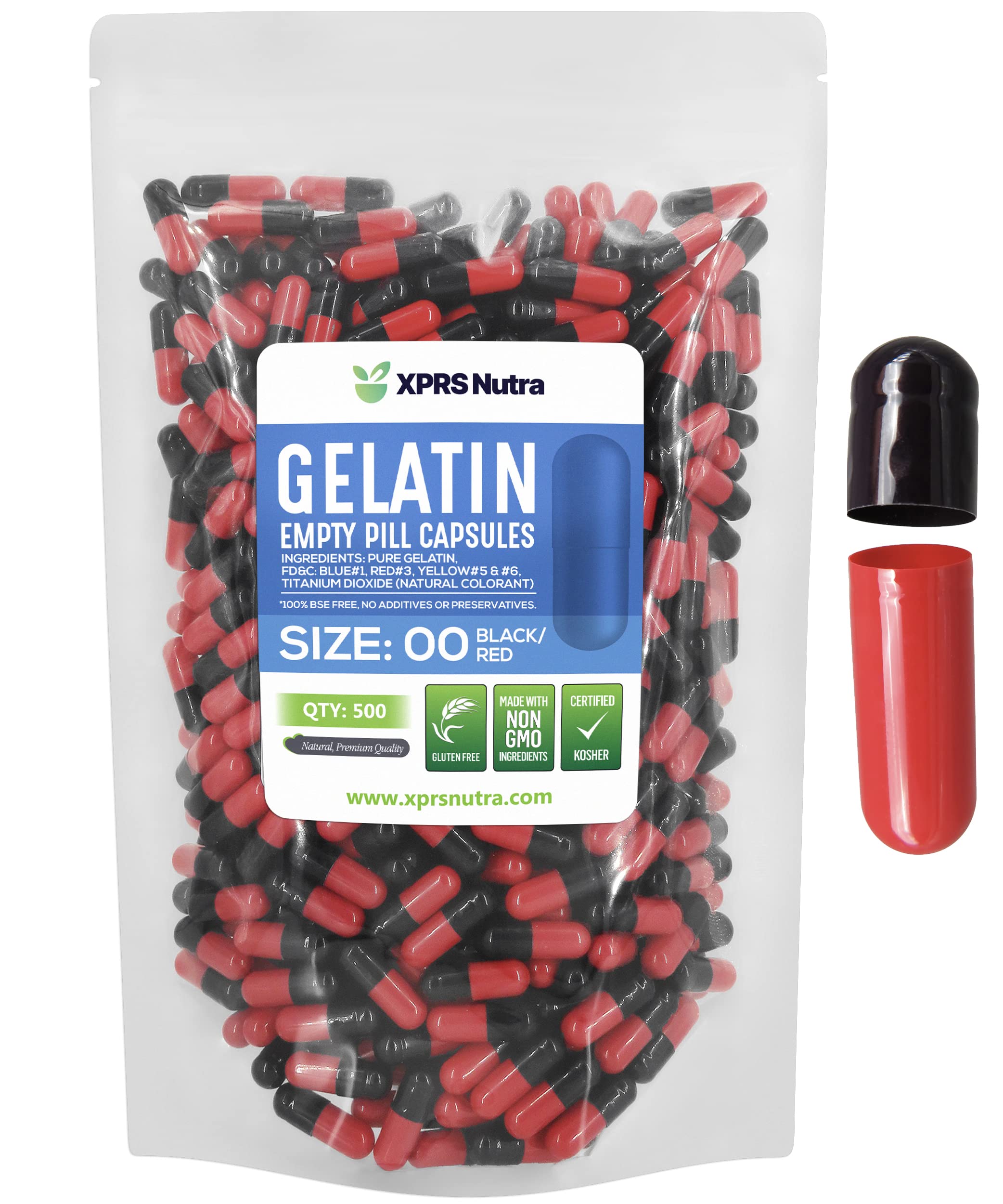 XPRS Nutra Size 00 Empty Capsules - 500 Count Empty Gelatin Capsules - Pills DIY Capsule Filling - Fillable Pill Gel Caps for Do-It-Yourself Supplements (Black/Red)