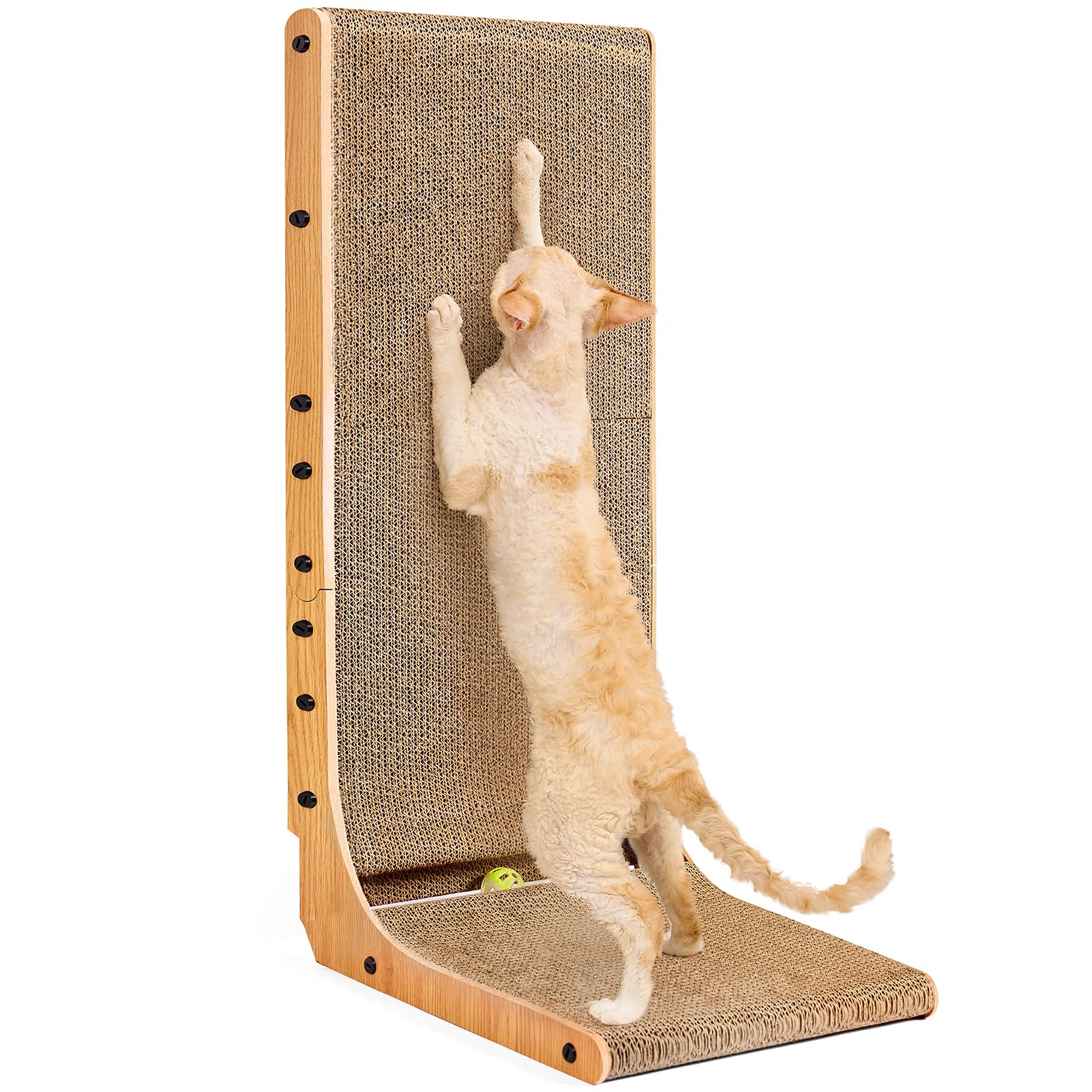 EHEYCIGA Cardboard Cat Scratcher for Indoor Cats, 32 Inch L Shaped Vertical Cat Scratching Board with Ball Cat Toy, Extra Large Cat Scratcher Pad, Brown