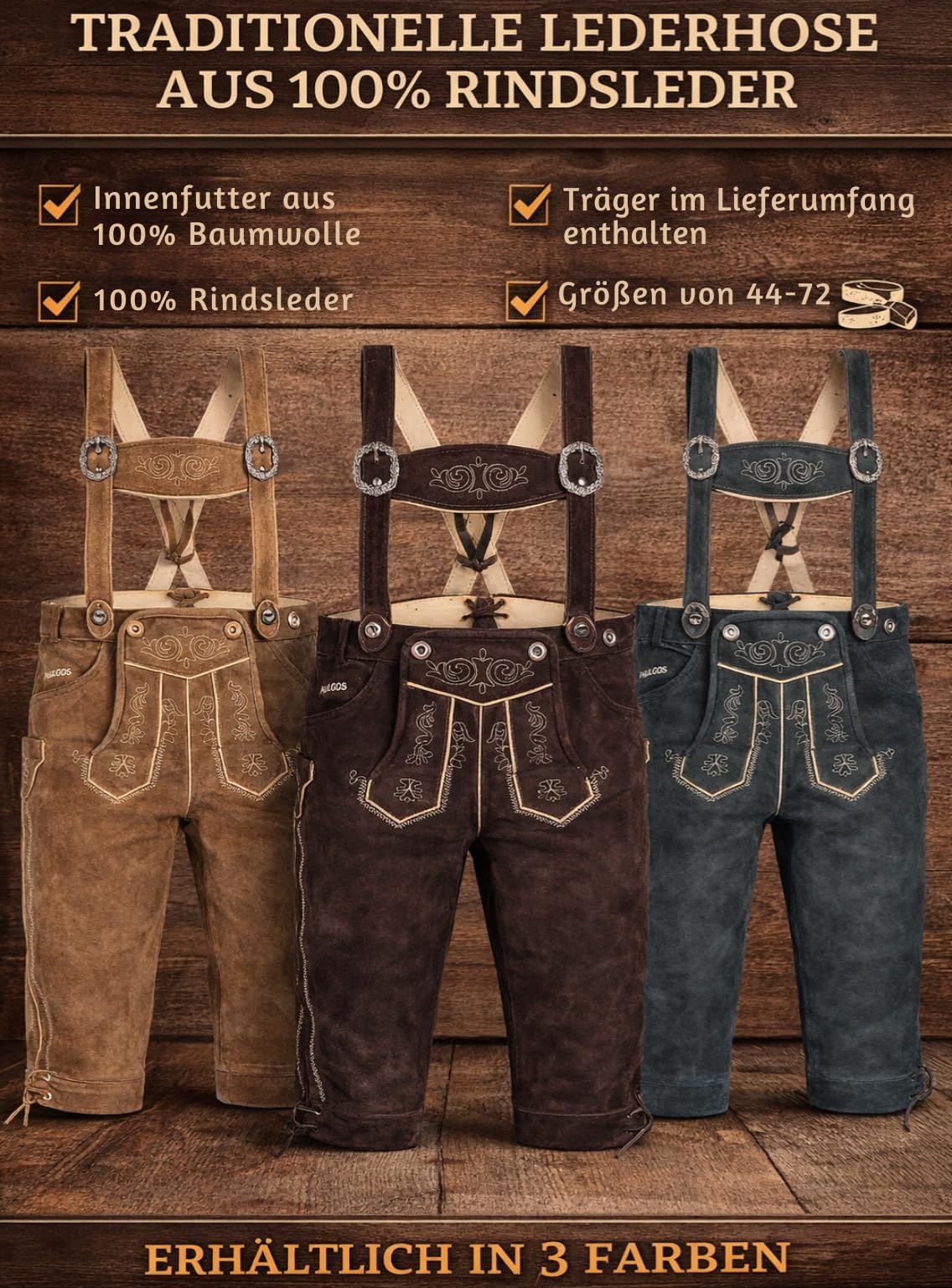 PAULGOS Herren Trachten Lederhose + Träger, Echtes Leder, Kniebund Übergröße in 4 Farben Gr. 44-72