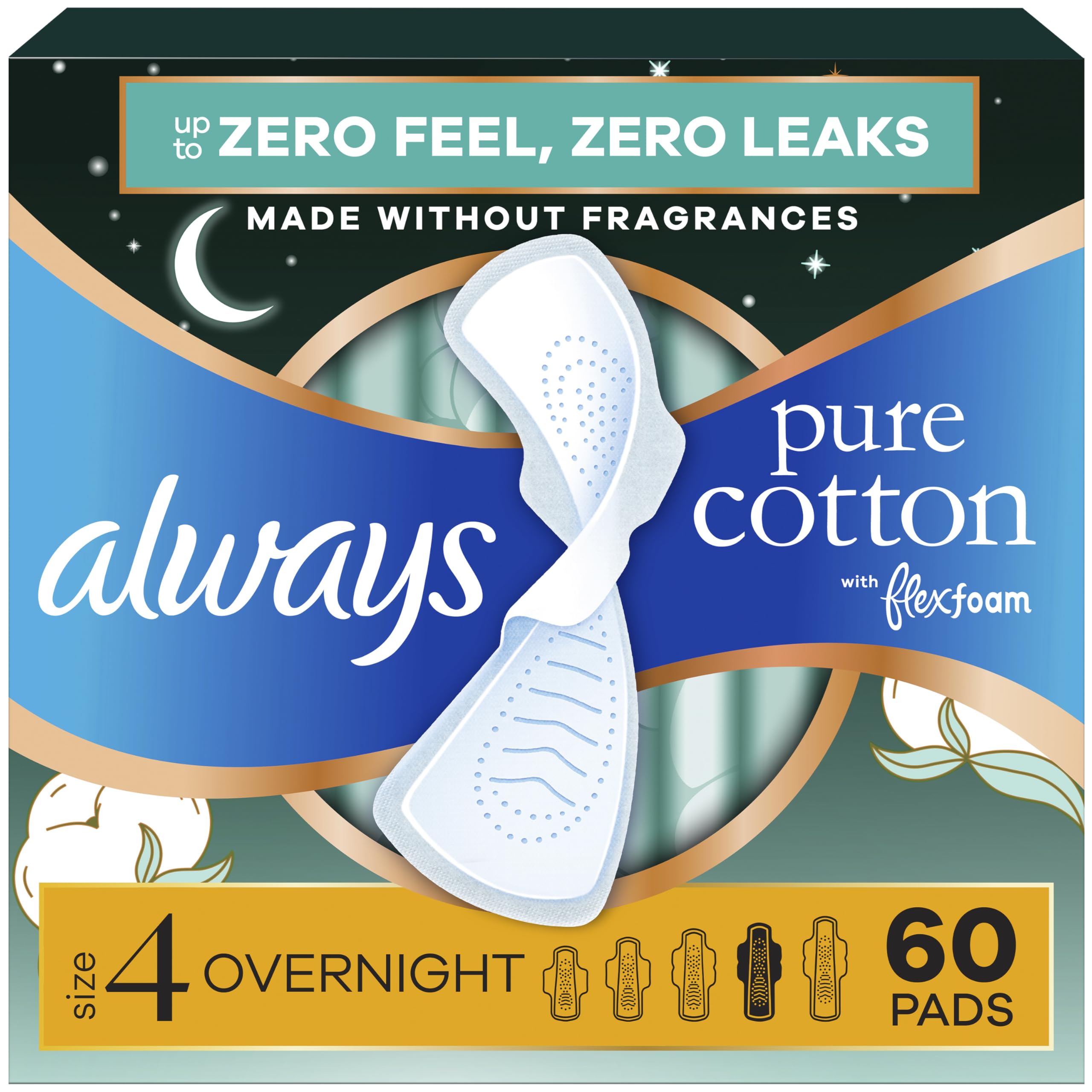 Always Reine Baumwolle, weibliche Pads für Frauen, Größe 4, Saugfähigkeit über Nacht, Multipack, mit Flexfoam, mit Flügeln, geruchlos, 20 Stück x 3 Packungen (60 Stück)