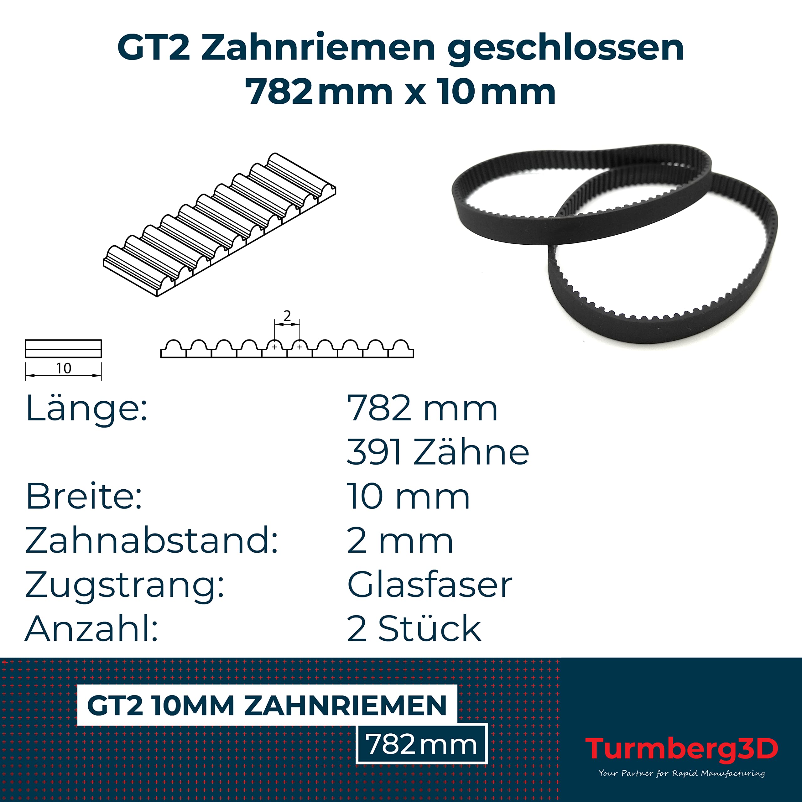 GT2 zamknięty pasek zębaty - 10 mm szerokości - długość 782 mm - po 2 sztuki - sznurek z włókna szklanego (782 mm)
