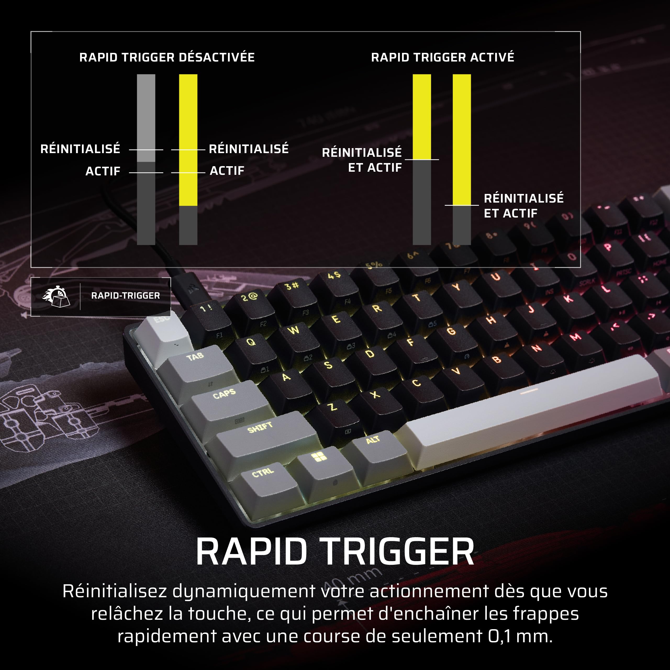 Corsair Clipper Pro Mini 60 Clavier Gaming FPS à Effet Hall – Noir | Disposition AZERTY FR, Rapid Trigger, SOCD, 8 000 Hz, Actionnement Réglable, IP57 Étanche, Filaire, RGB, Pour PC et Mac