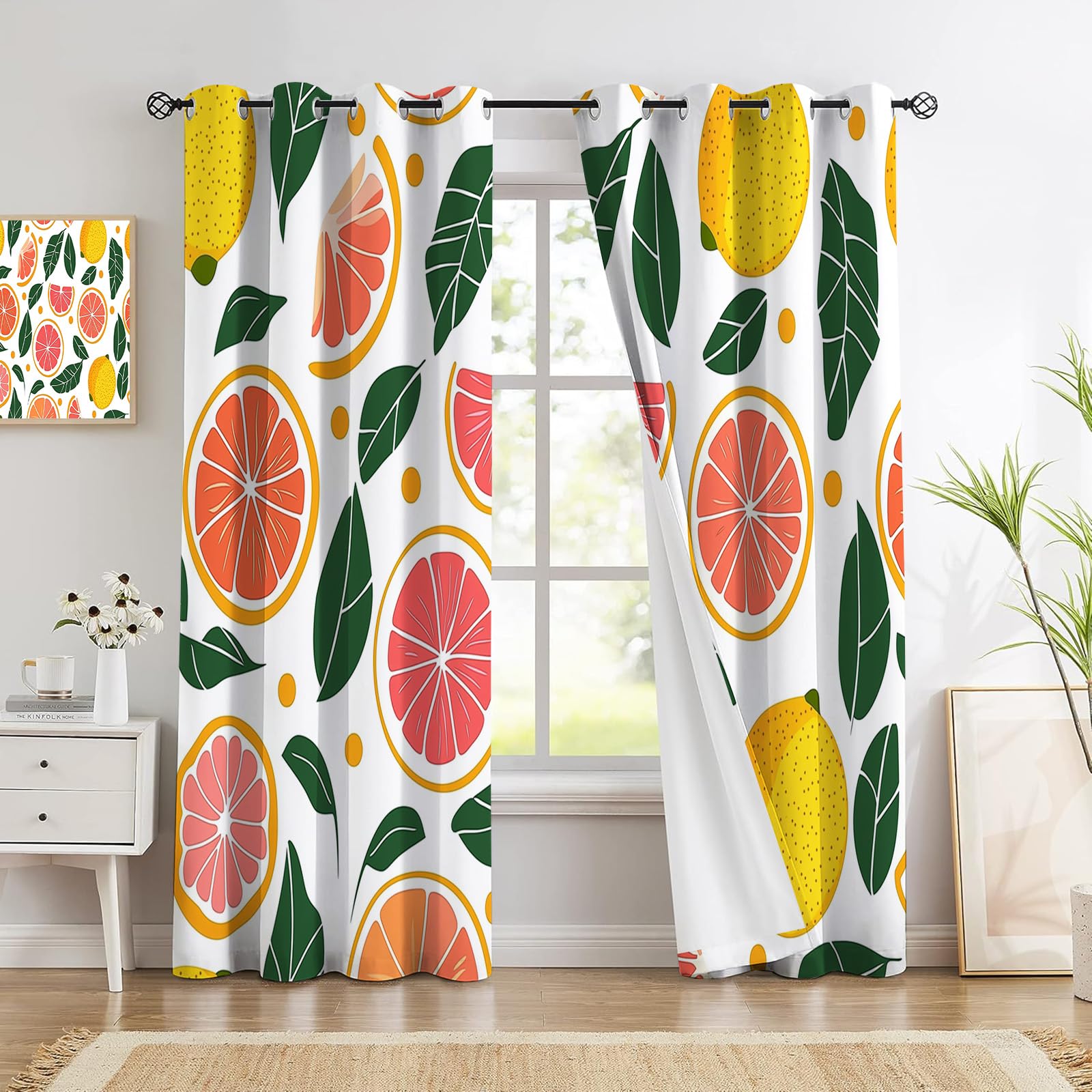 Lot de 2 Rideaux Occultant Agrumes Isotants Thermique Anti Froids Rideau à Oeillets Oranges Citrons, Poudre De Blush, 140L × 160H cm