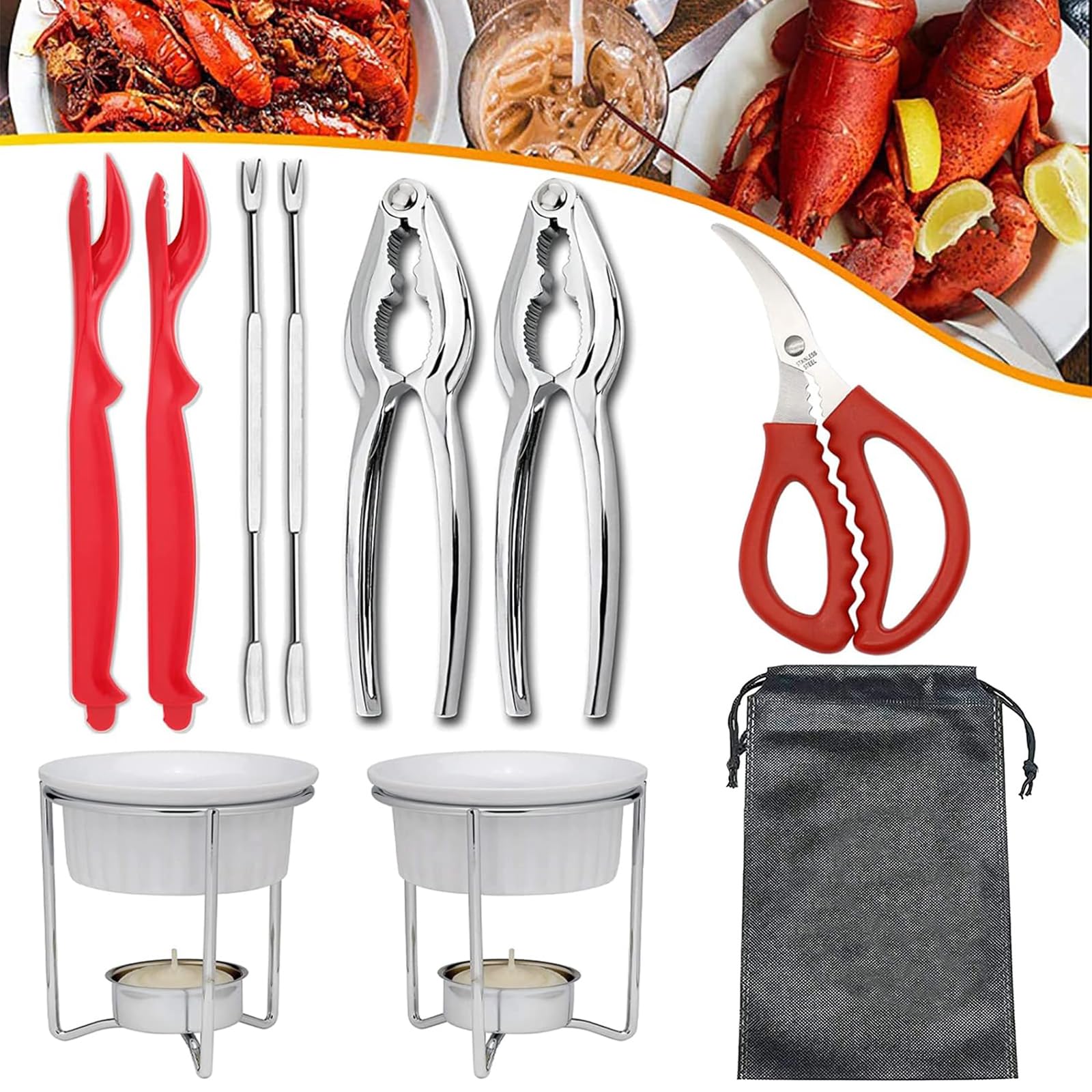 KOXHOX Crab Lobster ers Tools, Seafood Tools Set Includes 2 Crab ers, 4 Lobster Shellers, 4 Crab Leg Forks, 2 Seafood Scissors, 2 Oyster Knives and 1 Storage Bag