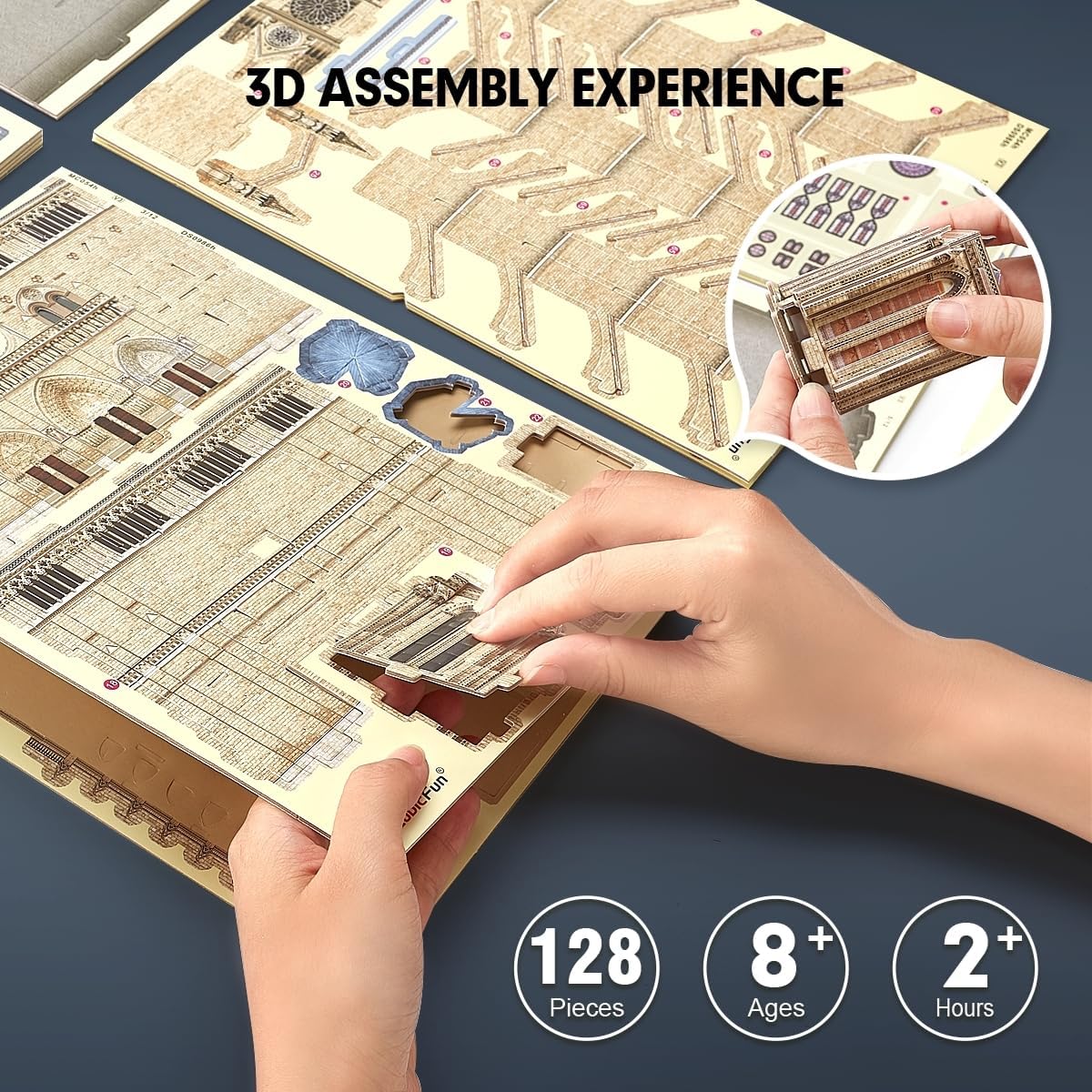 Open National Geographic booklet accompanying the CubicFun Notre-Dame de Paris 3D puzzle.