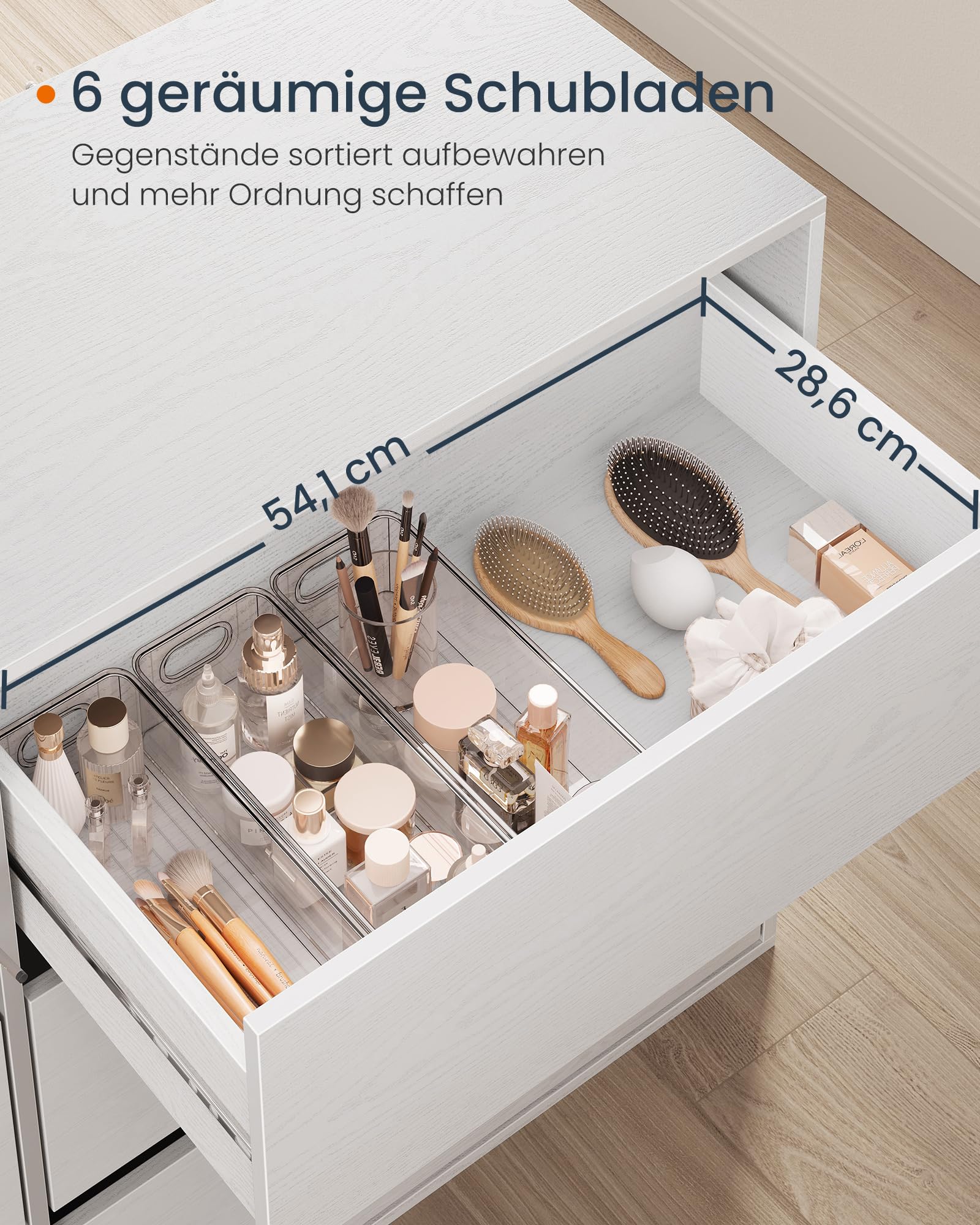 SONGMICS HOME Schminktisch, superschnelle werkzeuglose Montage, Toolless-Technologie, Kommode mit Regal, Schrank, nebeneinander oder L-förmig, für Schlafzimmer, Arbeitszimmer, schneeweiß LTS656W01