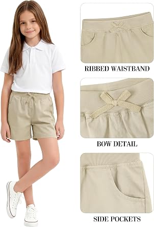 Resinta 3 Pack Girls School Uniform Bermuda Shorts Pull-on Chino Elastic Waist Summer Soft Play Shorts with Pockets 5-13Y