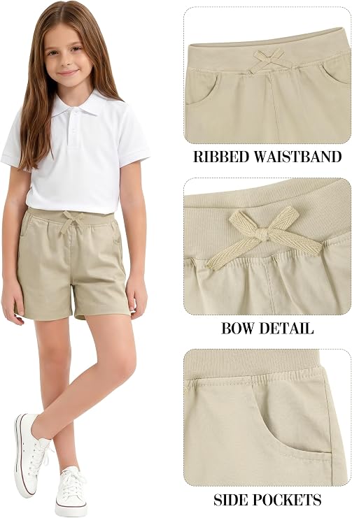 Resinta 3 Pack Girls School Uniform Bermuda Shorts Pull-on Chino Elastic Waist Summer Soft Play Shorts with Pockets 5-13Y