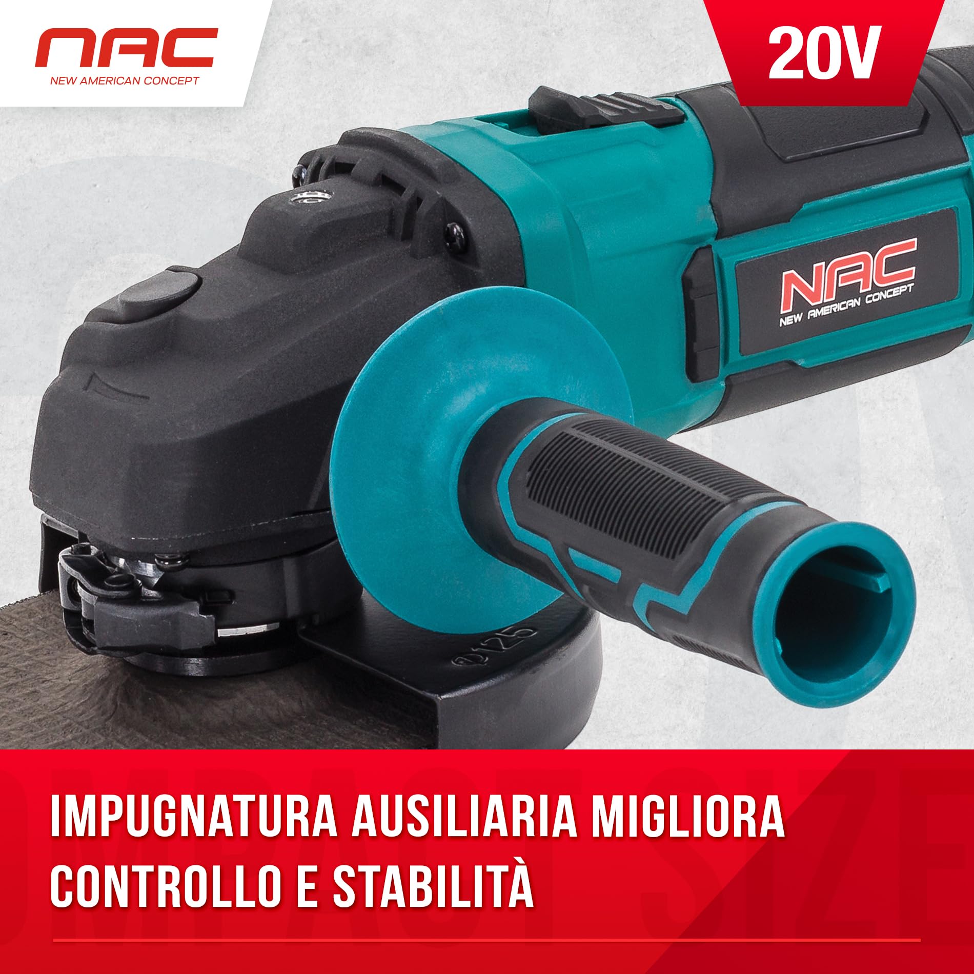 NAC NEW AMERICAN CONCEPT NAC, akumulatorowa szlifierka kątowa 20 V, akumulator 4 Ah, litowo-jonowy, tarcze 125 mm, prędkość obrotowa 10 000, osłona szyby, zielona
