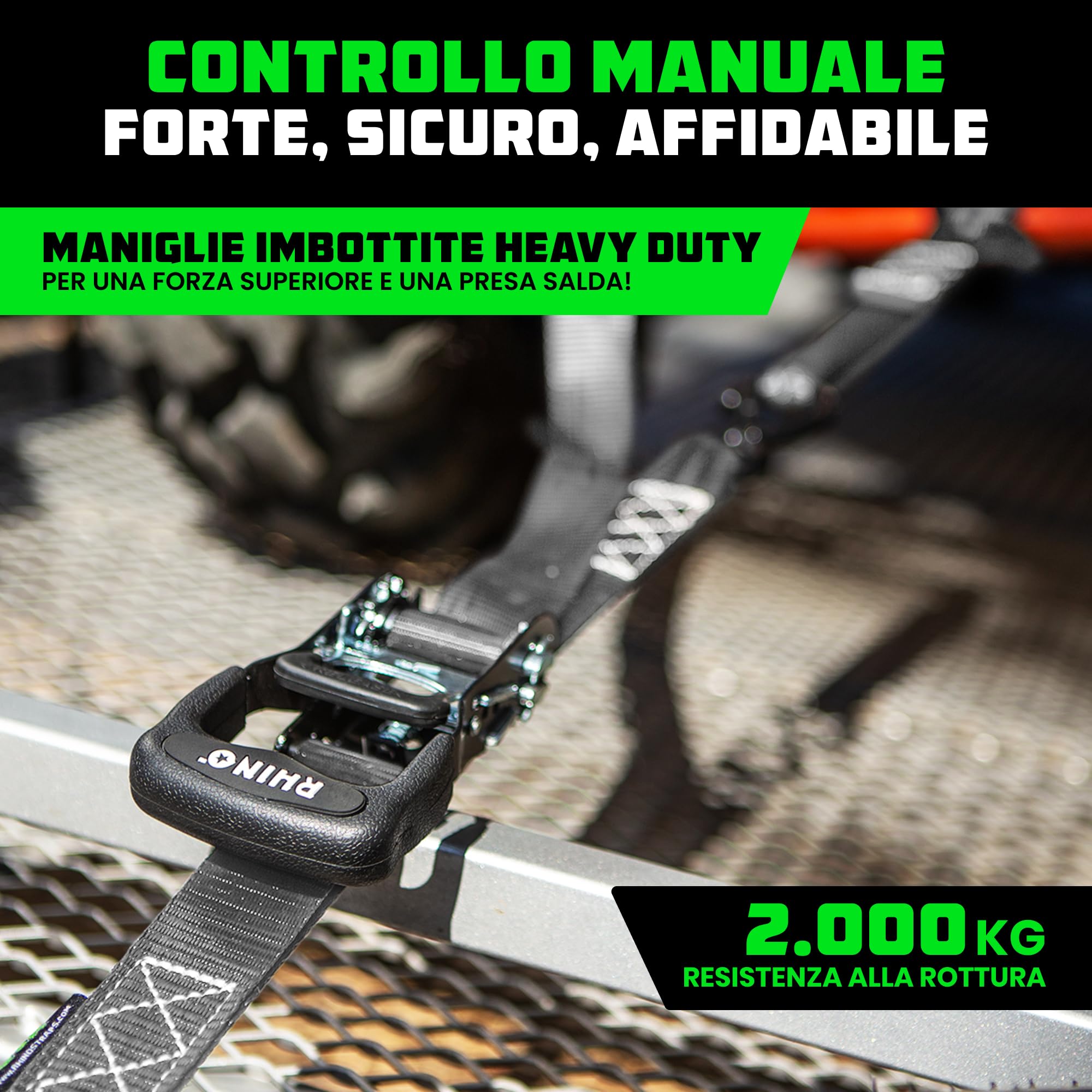 Rhino USA Cinghie a Cricchetto 2000kg, 4cm x 2.4m - Cinghie di Fissaggio Carico - 4 Pz - Cinghie per Trasloco e Trasporto - Cinghia a Cricchetto - con Manici e Ganci a S in Cromo Rivestito - Grigio