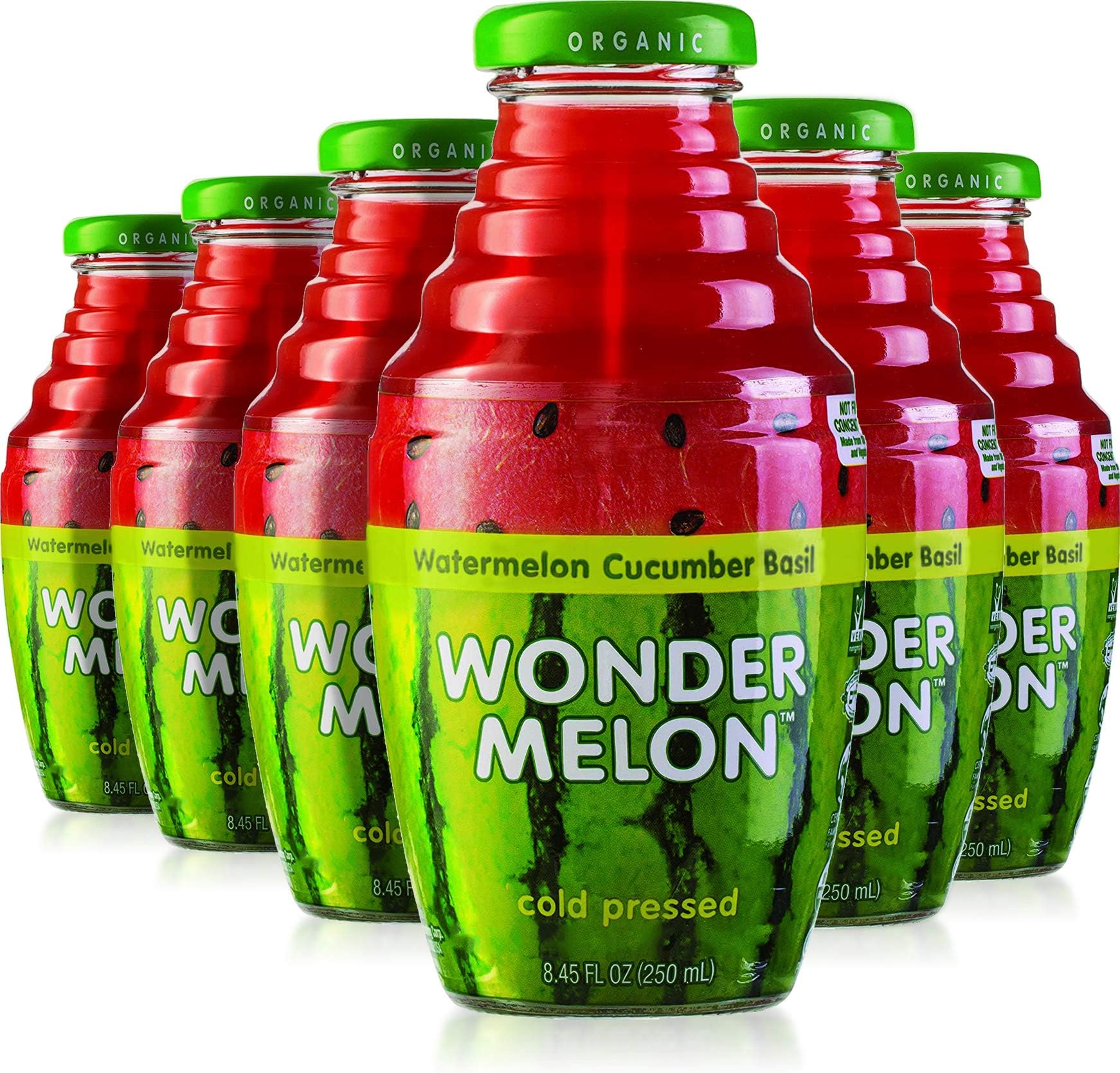 Wonder Melon Organic Watermelon Juice with Cucumber & Basil, 8.45oz (6 Pack) 100% Juice, Cold Pressed, Best By: 6/27/2026