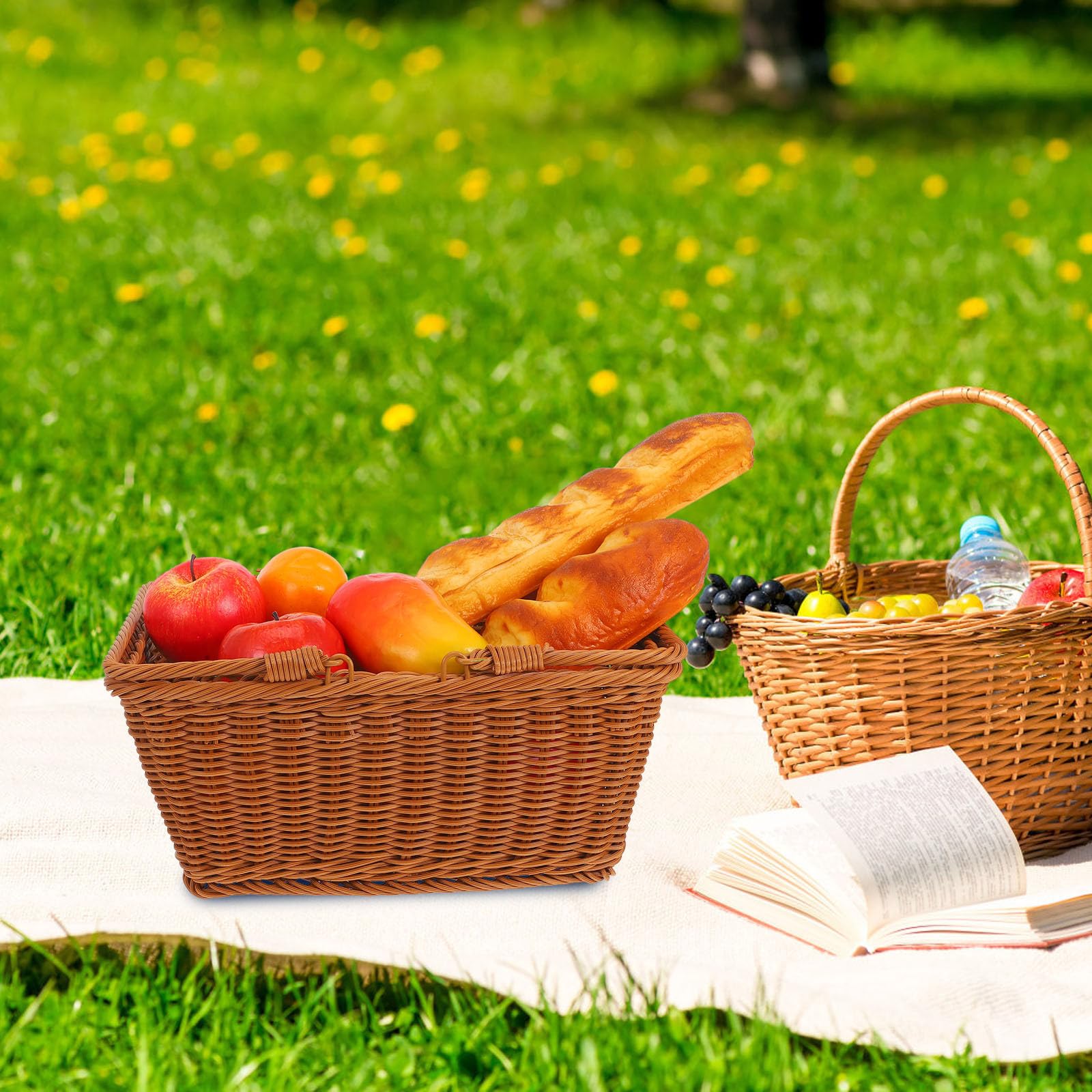 YARNOW Cesta Tejida Portátil de Plástico Marrón para Picnic y Almacenamiento de Frutas y Snacks, Ligera y Fácil de Transportar para Uso Interior y Exterior