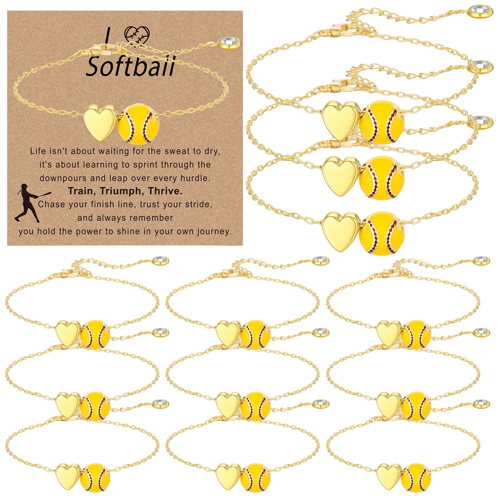 Tondiamo 12 Sets Baseball Volleyball Softball Soccer Tennis Bracelet for Women Dainty Gold Plated Heart Bracelets Sport Lovers Gifts with Inspirational Cards Sports Jewelry Gifts