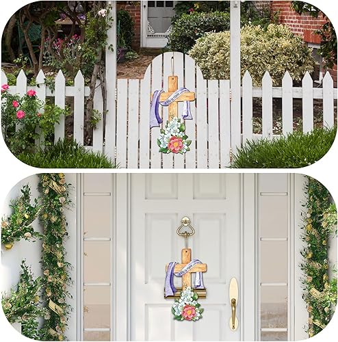 Miniatura 5 de Letrero de puerta con texto en inglés He Is Risen de 85 x 145 pulgadas decoración religiosa de puerta de Pascua letrero de madera para colgar en la