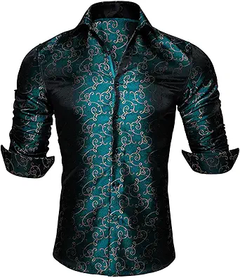 Barry.Wang Paisley Shirts for Mens Muscle Shirt Silk Dress Button Long Sleeve Regular Tops Fashion Flower Wedding/Formal