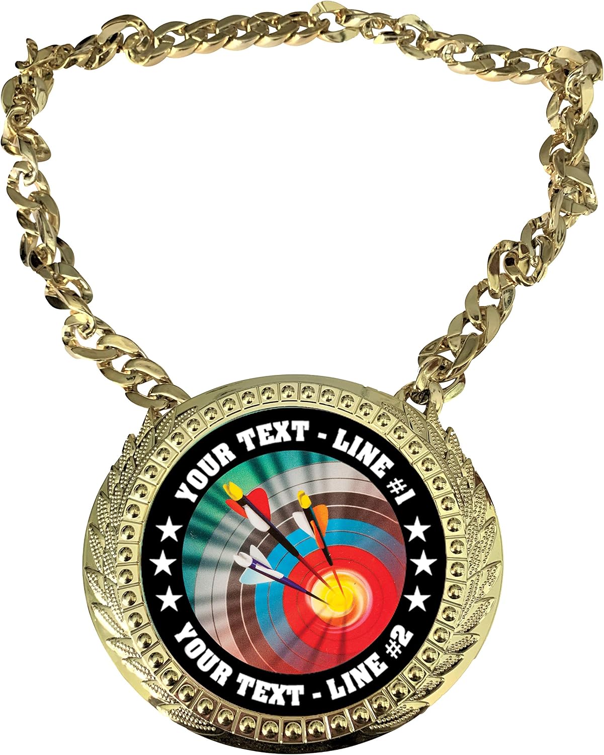 Express Medals Custom Archery Archer Champ Chain Trophy with 2 Lines of Personalized Text on a Large Rigid Plastic Award Medal and 34 Inch Long Gold Color Neck Chain. MY400