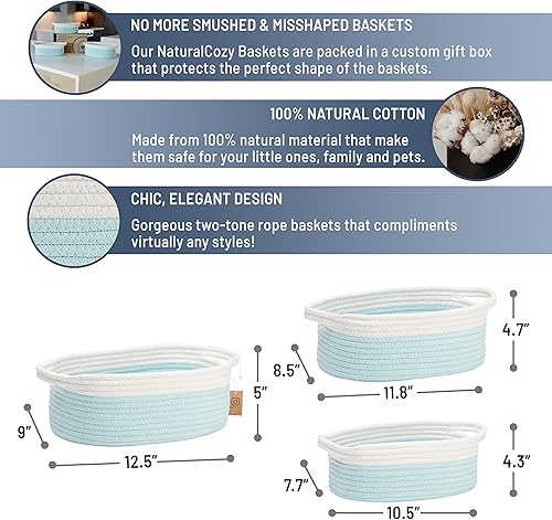 Miniatura 7 de NaturalCozy Juego de cestas de almacenamiento ovaladas de 3 piezas, cestas tejidas de cuerda natural para almacenamiento, cesta de regalo vacía,