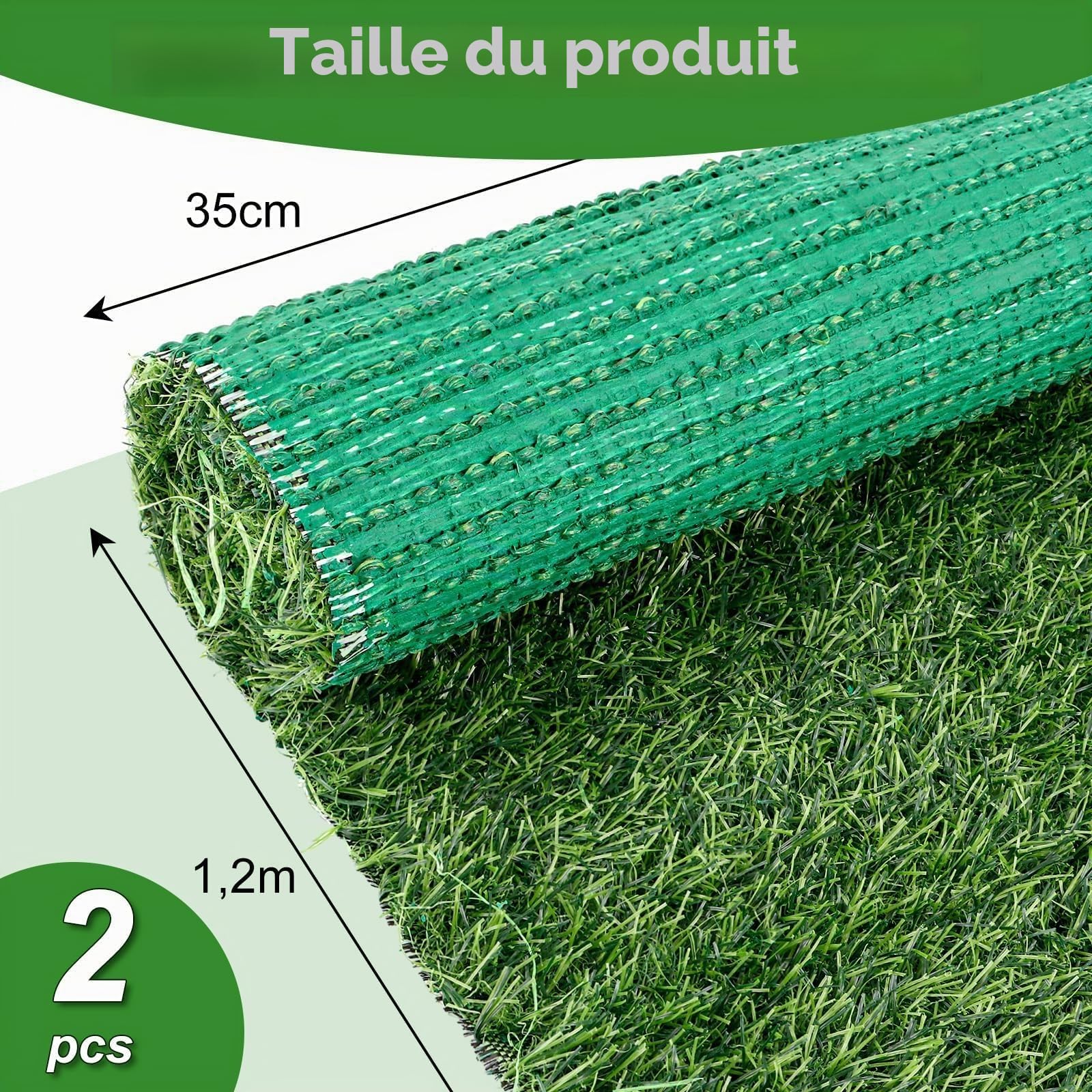 Lot de 2 Rouleau Faux Gazon 35x120 cm, Pelouse Synthétique Extérieur avec Herbe de 2 cm, Gazon Artificiel Antidérapant pour Balcon, Terrasse et Décoration
