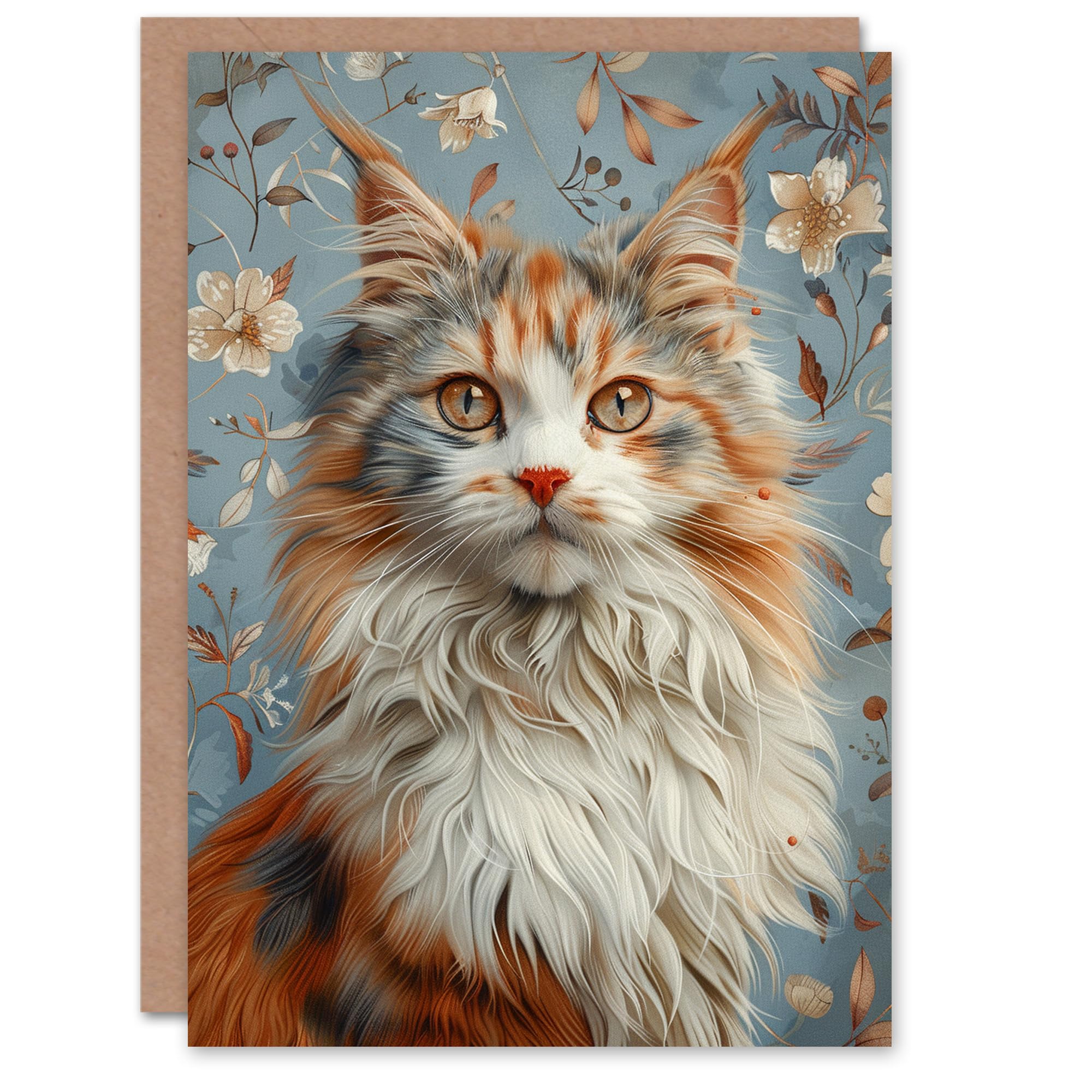 Birthday Card Fluffy Maine Coon Cat Lover Retro Floral Pattern Greeting Card