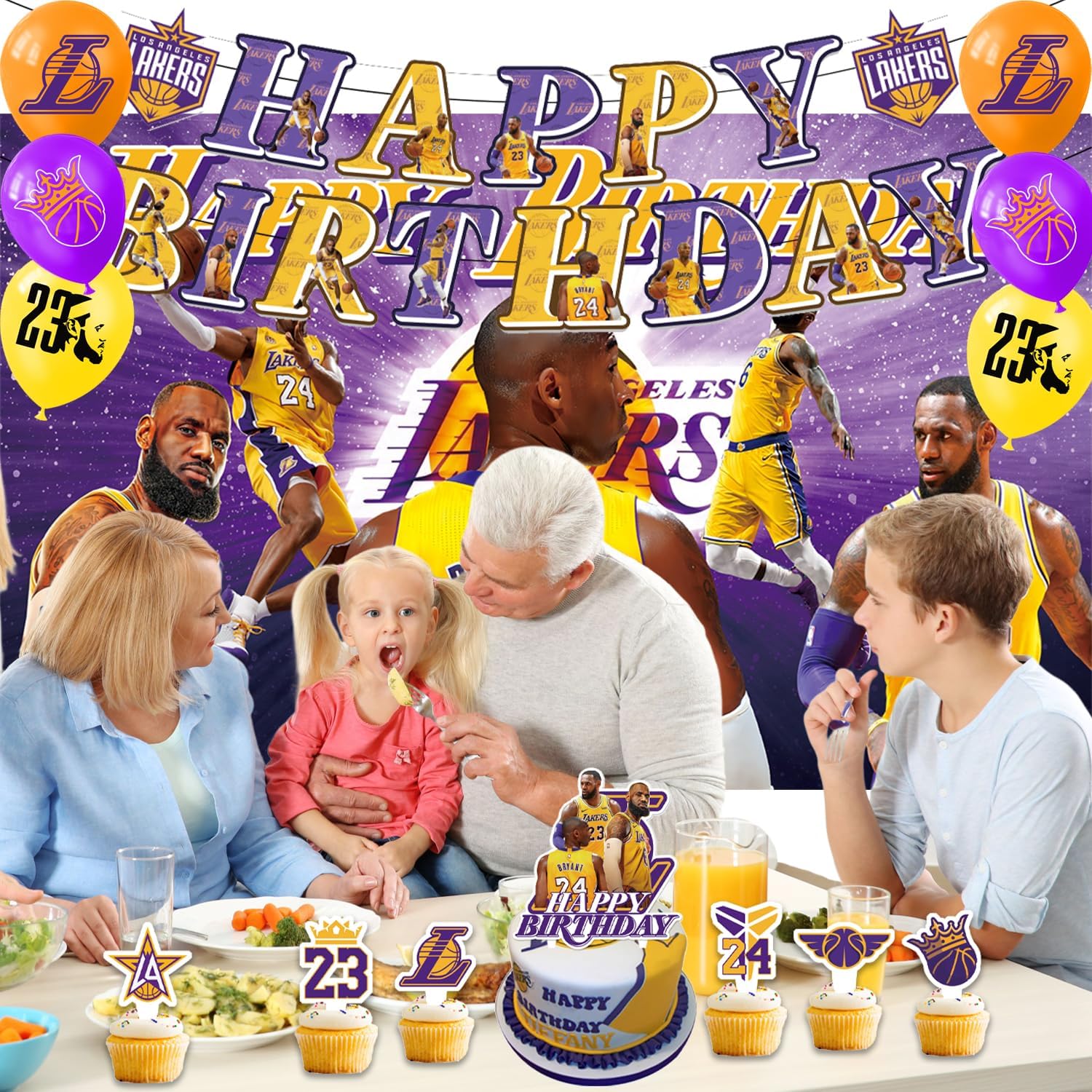 42Pcs Los Angeles Basketball Party Supplies Pack Includes,Banner,Cake Topper,Blackdrop,Balloons for The Laker party decoration - Image 3