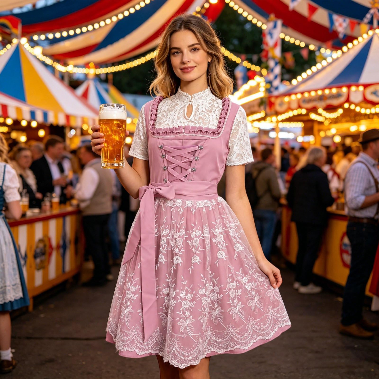 Didadihu Damen 3 Teilig Dirndl Midi Komplettset mit DirndBluse und Spitzenschürze,Elegantes Dirndlkleid Damen Hochgeschlossen,Modernes Trachtenkleid für Oktoberfest Wiesn Trachten Outfit
