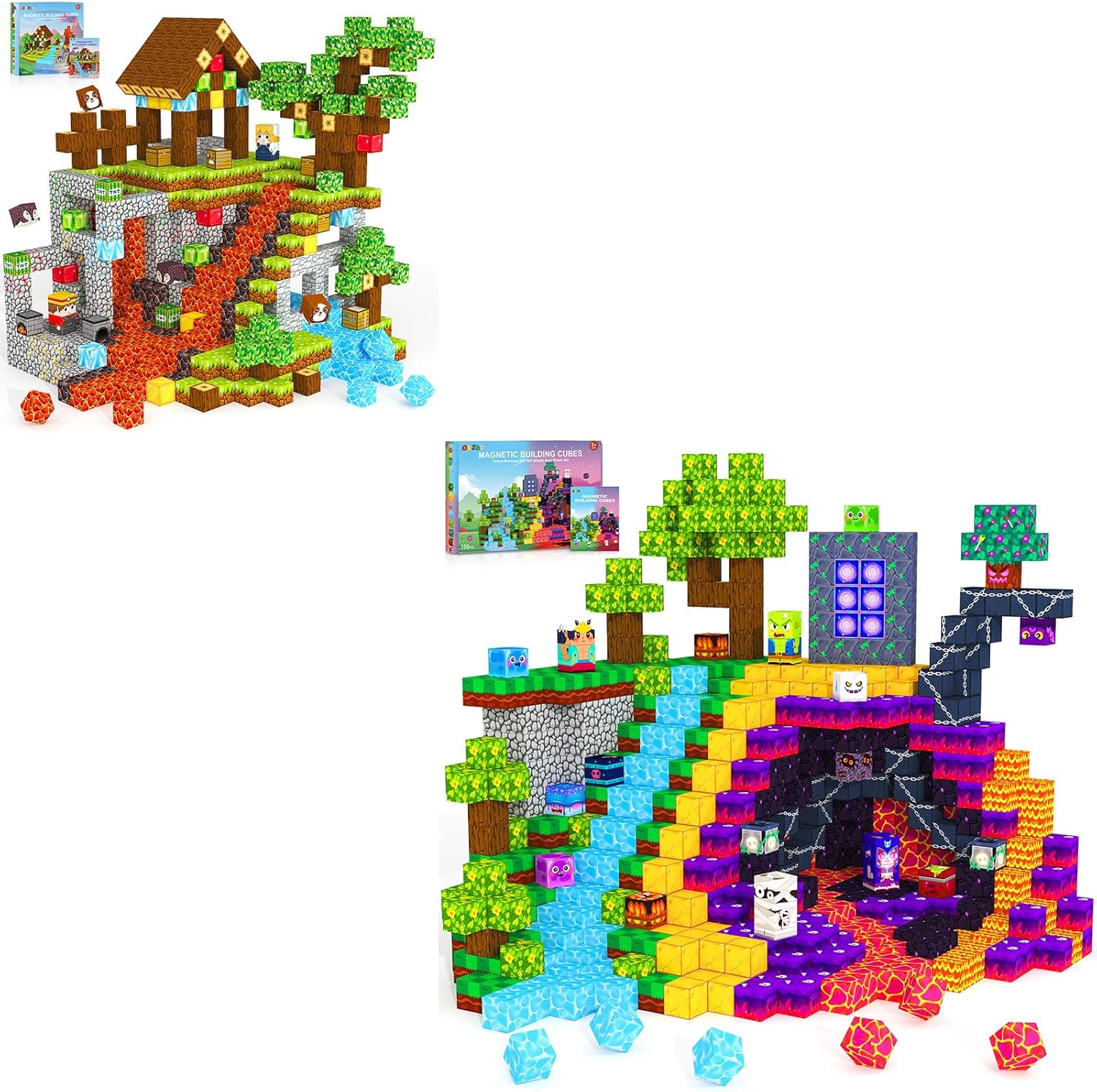 Magnetic Blocks Set Features Dual Themes: Forest Teleport and Netherworld, Magnetic Blocks Features Dual Themes: Forest and Mine.