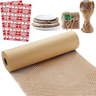 15"x65' Honeycomb Wrapping Paper Honeycomb Packing Paper for Gift Pasking Shopping Moving Shipping Recyclable Honeycomb Cushioning Wrap Paper with 20 Fragile Sticker Kraft Paper Packaging Roll