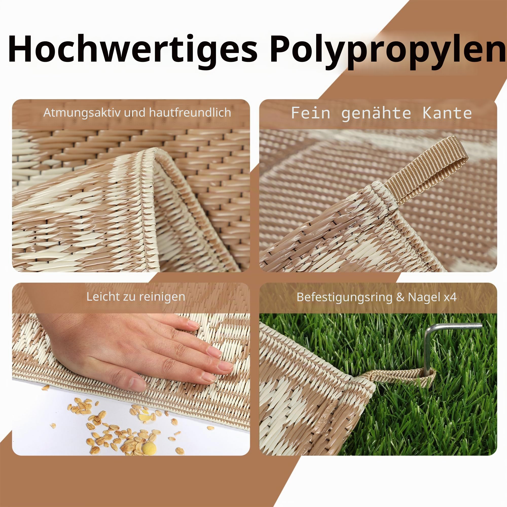 Famibay Outdoor Teppich Wetterfest 150x245cm Reversible Camping Teppich Outdoor Wasserfest Beige Braun Kunststoff Wendbar Leicht Outdoorteppich für Terrasse Garten Balkon Camping Innen Außen