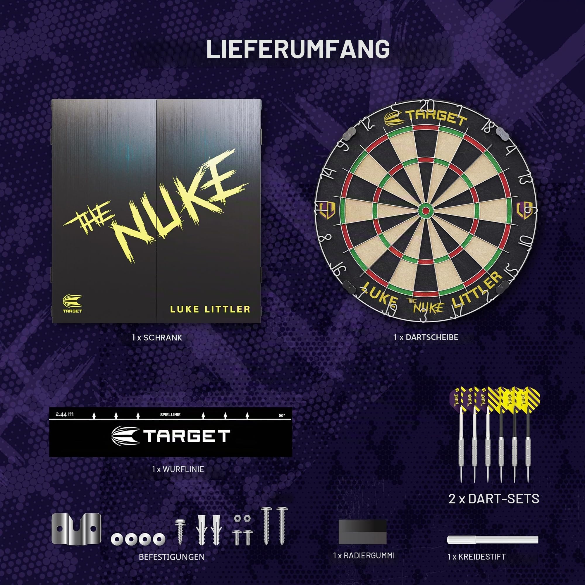 Target Darts Player Dartboard and Cabinet Set | Luke Littler/Dimitri Van den Bergh/Gabriel Clemens | Dartschrank mit 2 Sets Steel-Dart-Pfeilen, Score-Charts, Wurf-Standardlinie für Wettbewerbe