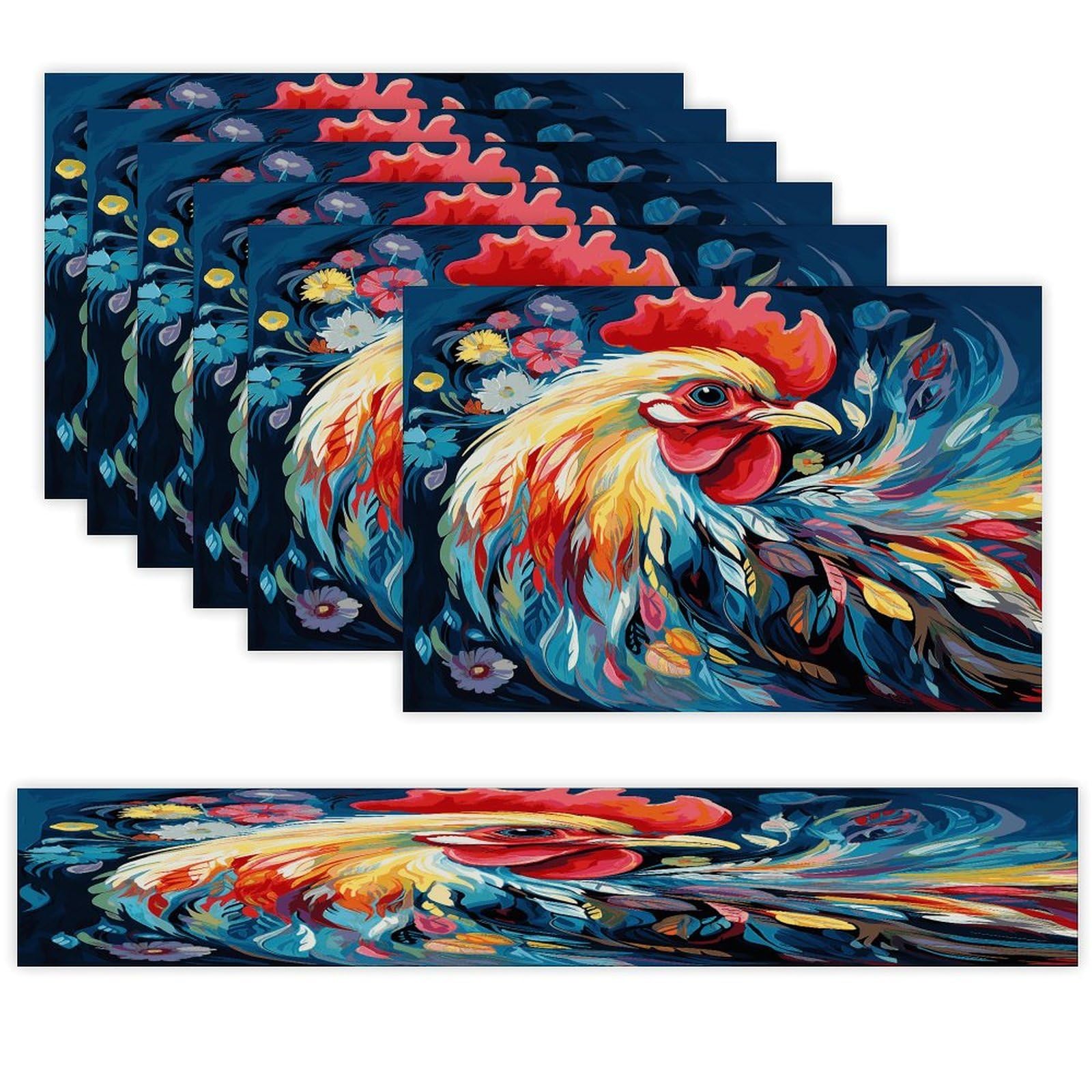 Art Colorful Chicken Table Runner and Placemats Set of 6 Wipe Clean Heat Resistant Table Mat with Table Runner Decorations Flax Linen Place Mat Set for Home Kitchen Party Supplies