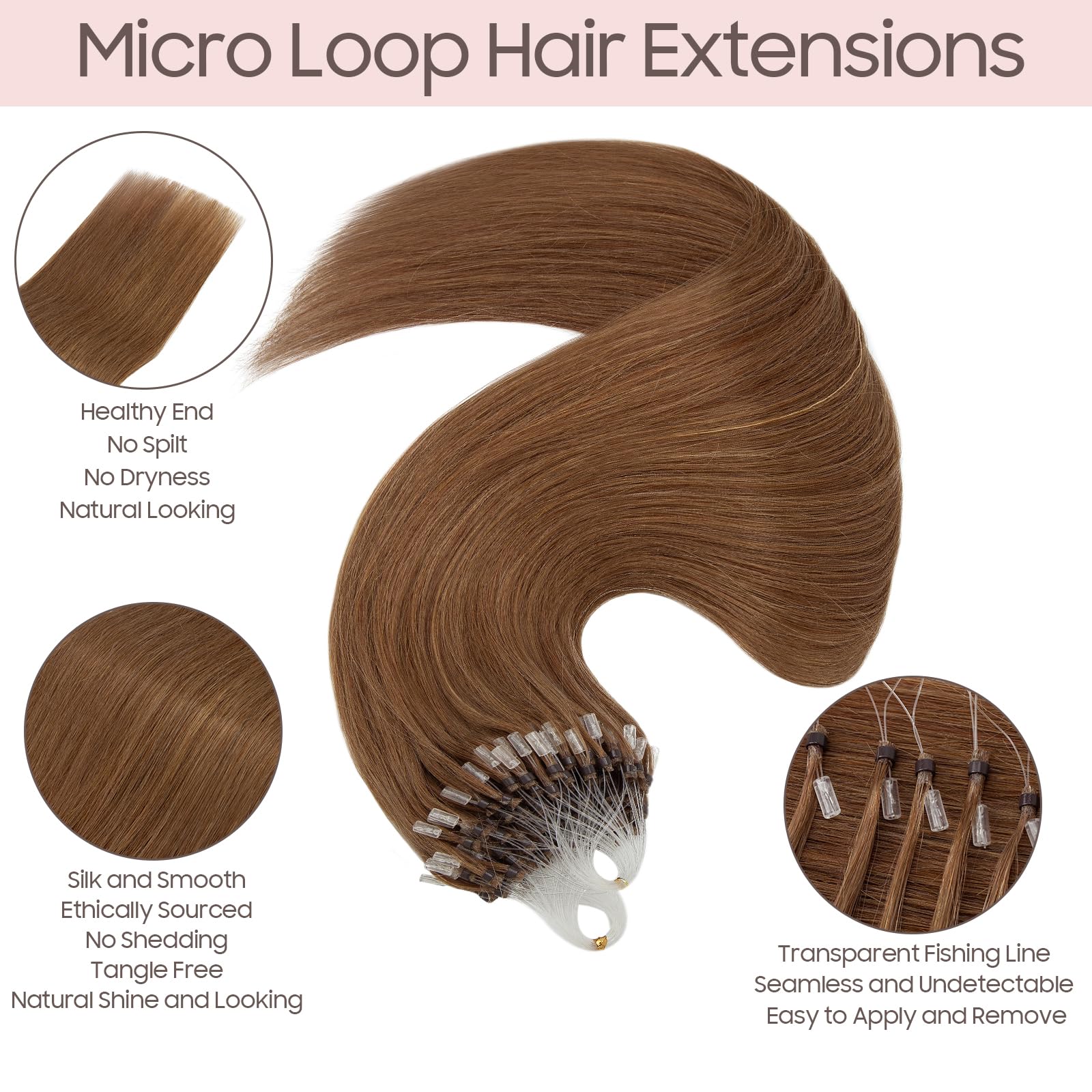 Silk-co Microring Extension Capelli Veri Anelli 100 Ciocche 40cm 50g Remy Micro Loop Hair Extension Marrone Chiaro