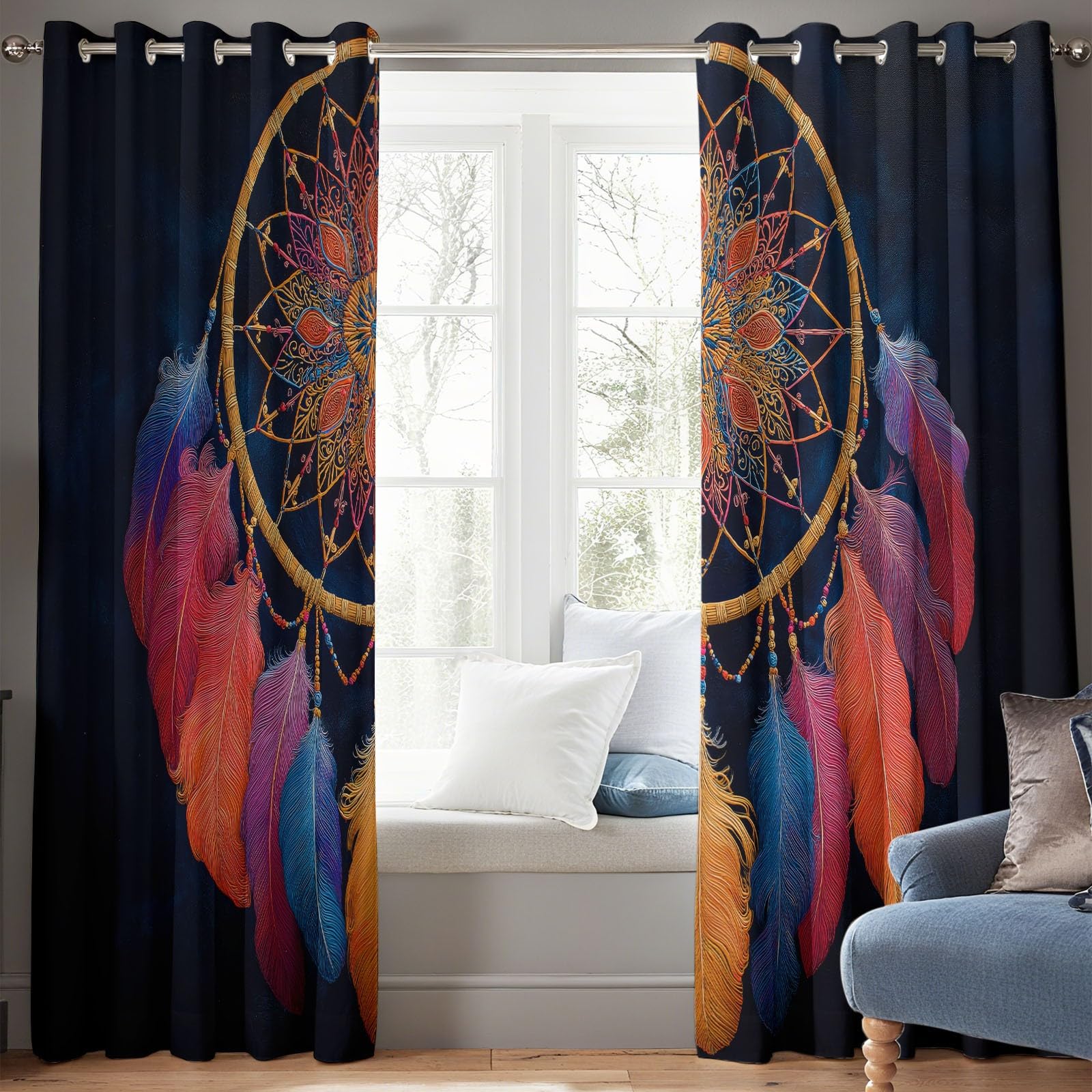 Generisch Surrealismus Traumfänger Vorhang Blickdicht Abdunkelnd Ösenvorhang, Schwarz Kinderzimmer Thermovorhang Kälteschutz Gardine Verdunklungsvorhänge 2er Set H229 x B117 cm