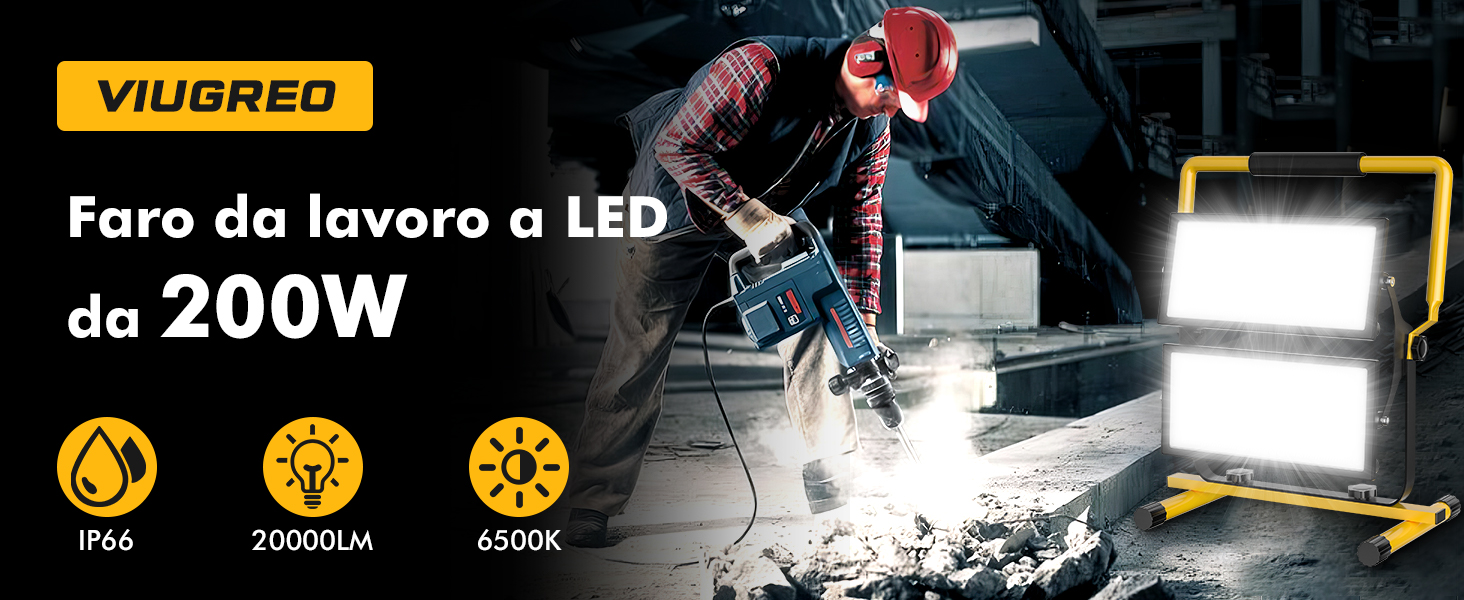Faretto Da Cantiere LED Viugreum 200W - 22000LM Portatile Con Cavo 3m, IP66, 360° Regolabile - Foto 3