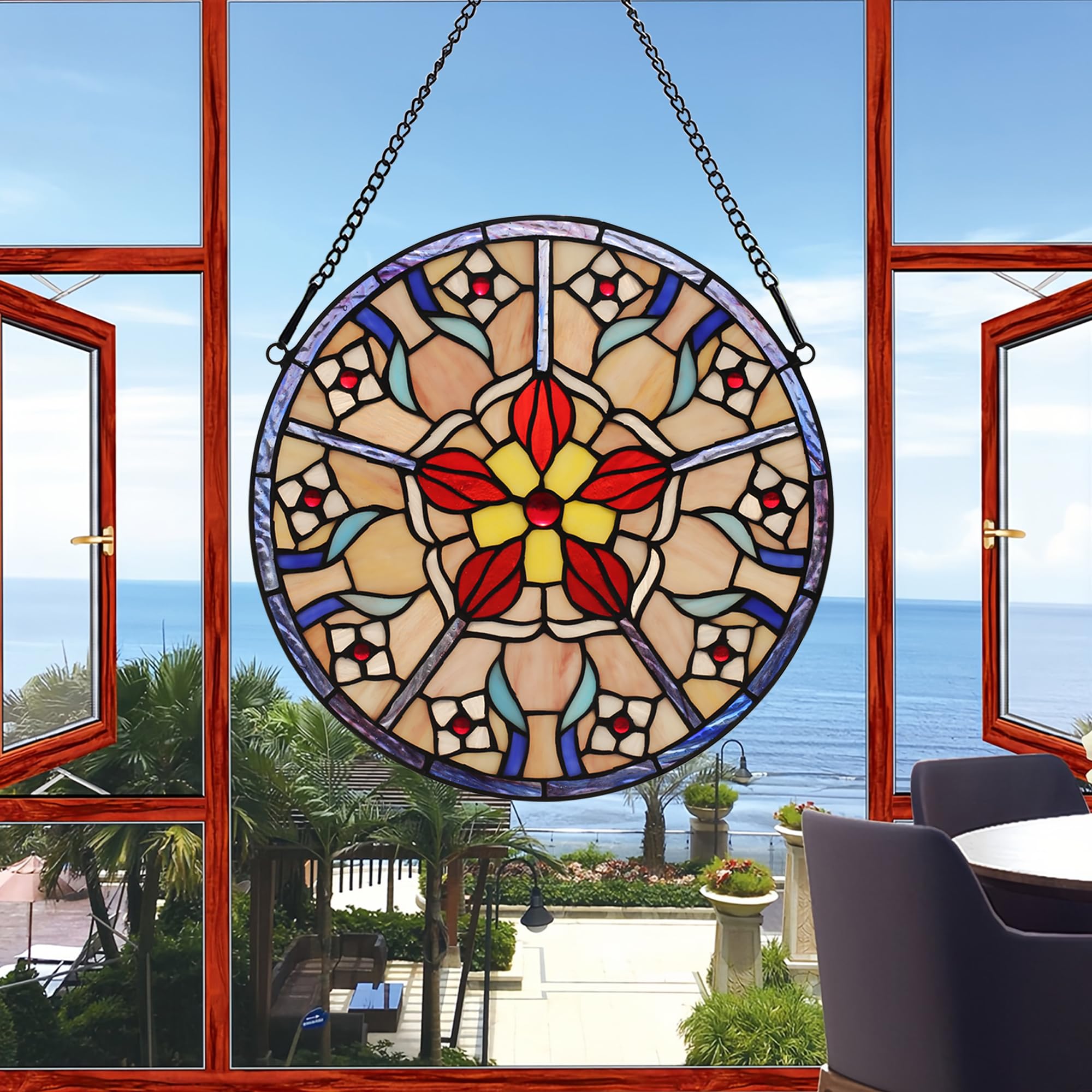 Buntglas-Fenster zum Aufhängen, Tiffany-Pflanzen-Stil, rosa Blume, Sonnenfänger, Wanddekoration, Kunst-Panel, 30,5 cm, inklusive 50,8 cm Kette und Haken, perfektes Weihnachtsgeschenk