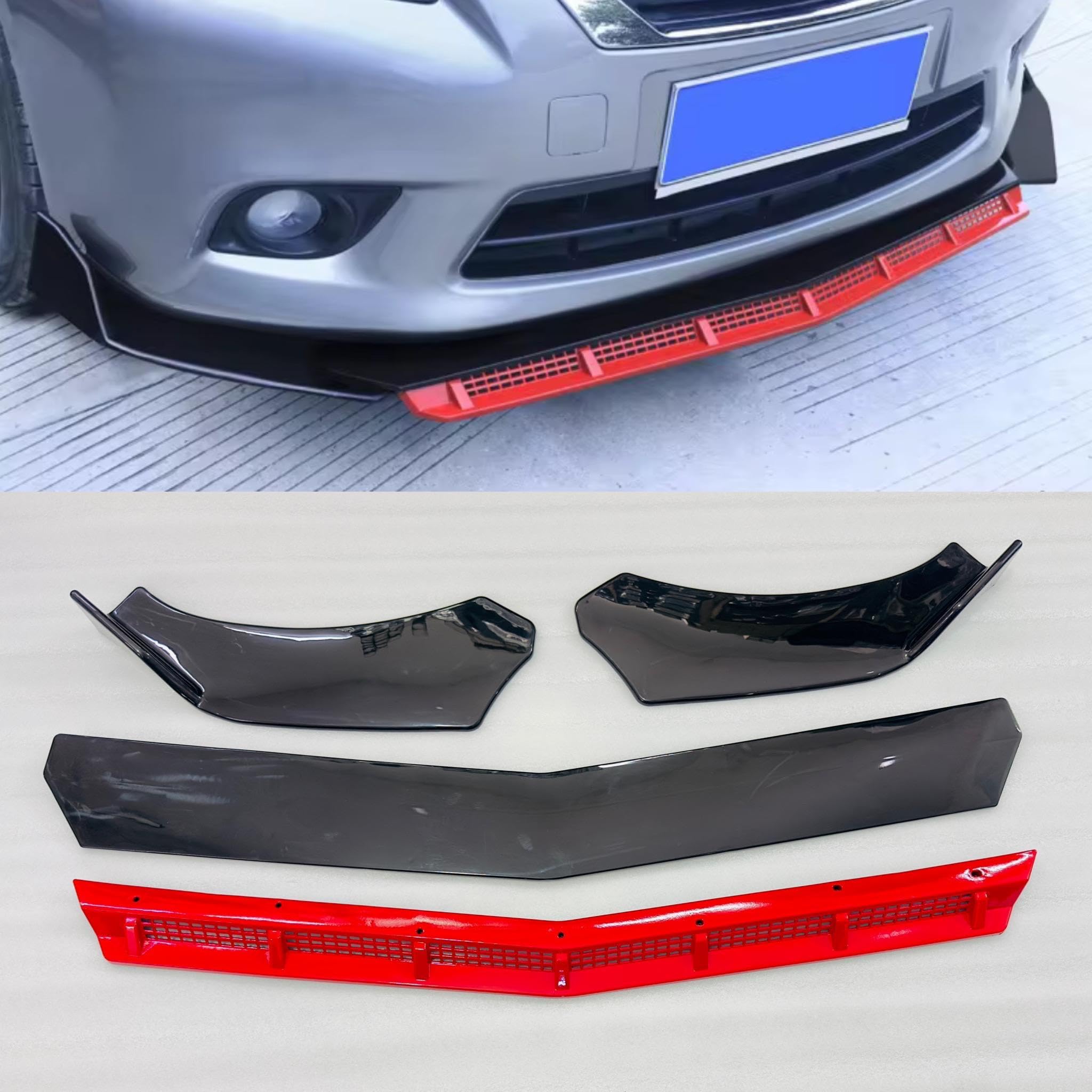 Car Front Bumper Chin Lip Splitter Kit 4 PC Black & Red,Universal Fit Front Spoiler Body Styling Accessories