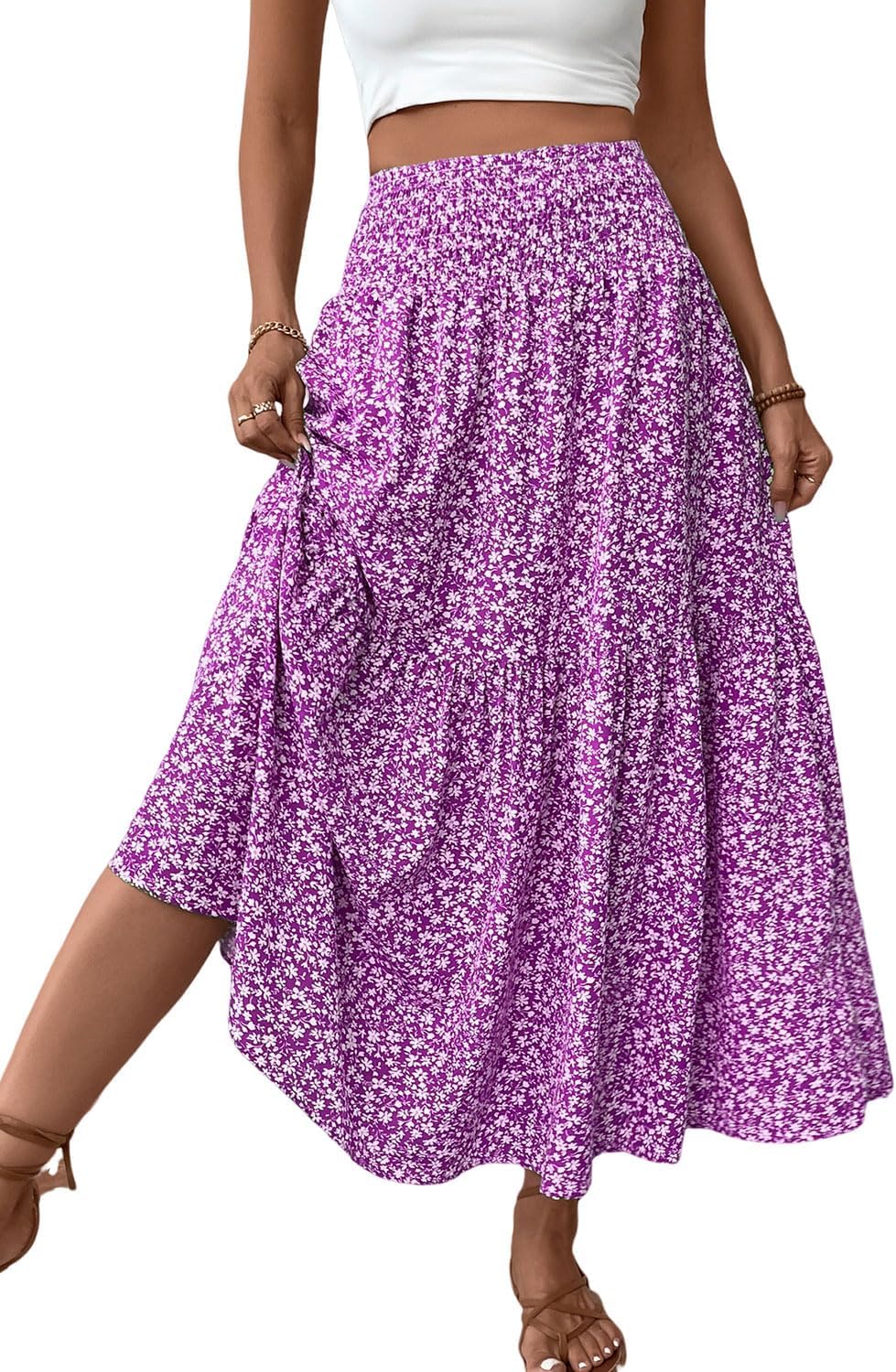 Women's Smocked High Waist Maxi Skirt Casual Boho Long Skirts with Pockets