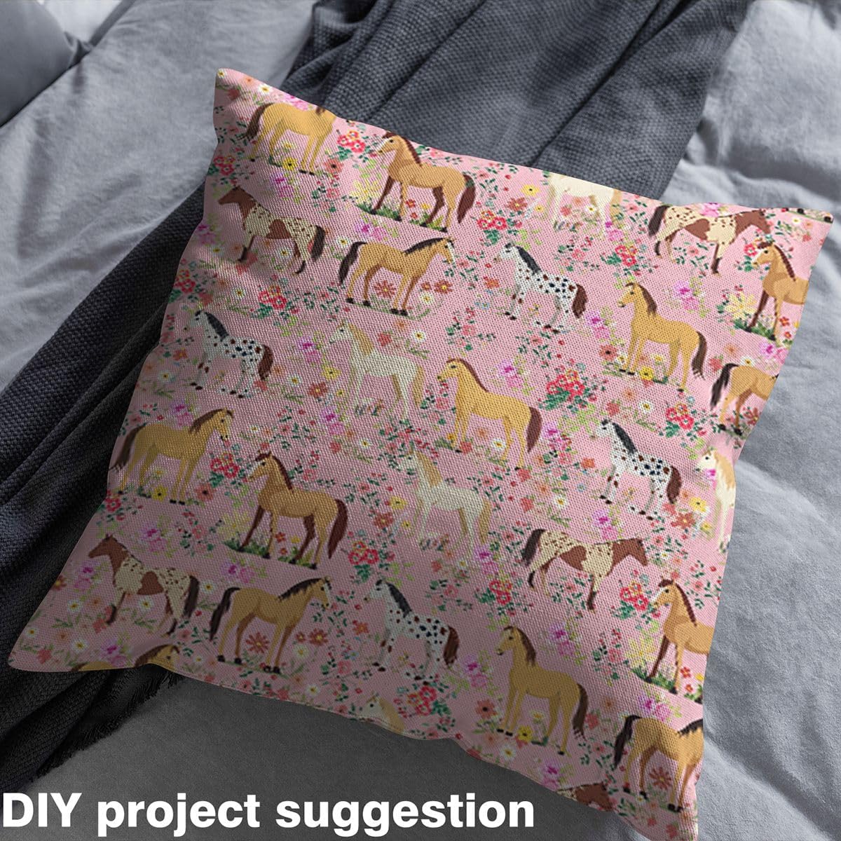 Horse Fabric by The Yard 2 Yards Cute Animal Horses Flowers Decorative Waterproof Horse Lovers Upholstery Fabric for Chairs Farmhouse Pink Outdoor