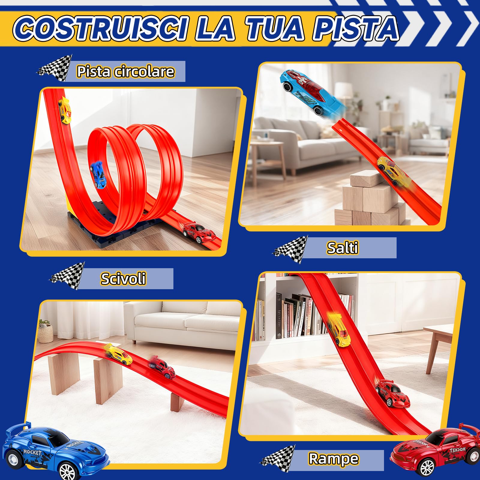 Charmofun Pista Macchinine Flessibile 5M, Giocattolo Piste da Corsa con 4 Auto, Borsa Stoccaggio, Circuito di Corse per Bambini con Rampa e Catapult, Portatile Pista per Bambini 3+ Anni (Rosso)