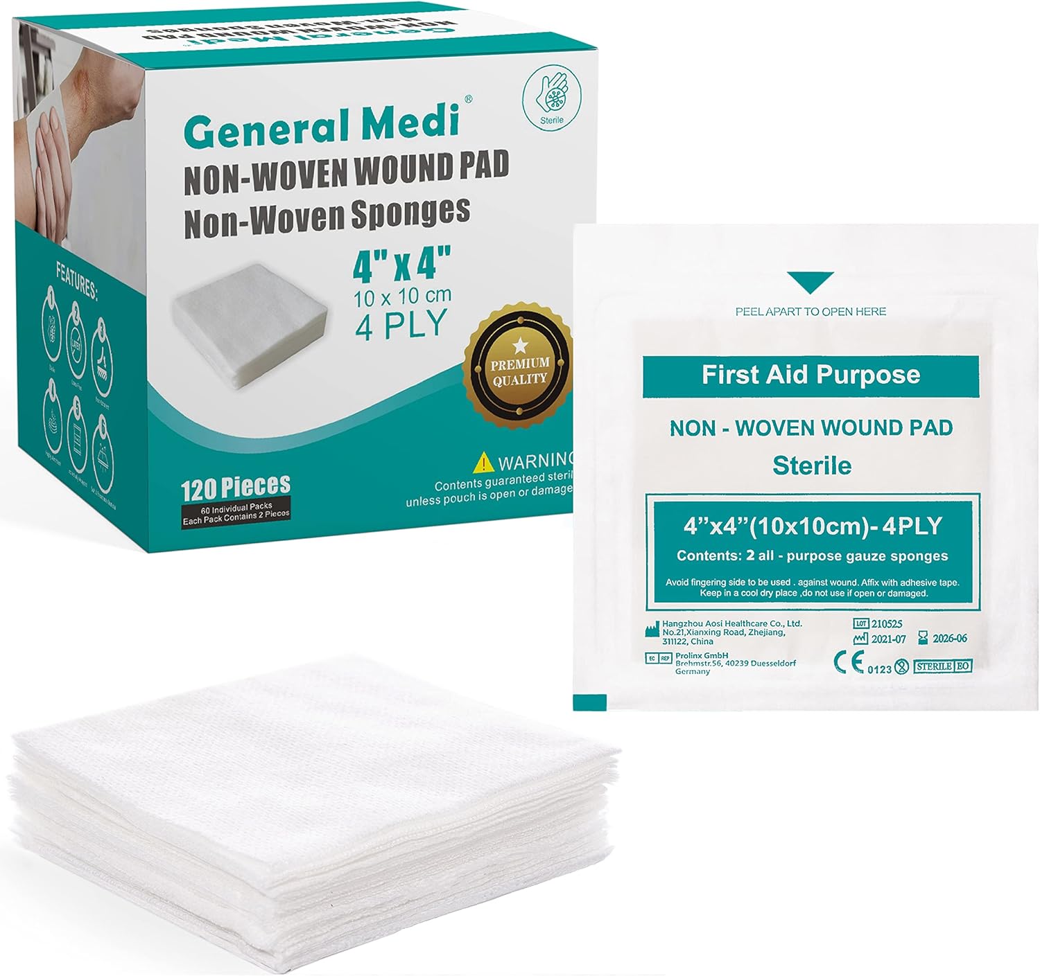 General Medi Sterile Gauze Sponges, 4" x 4" NonWoven Wound Pads