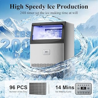 Commercial Ice Maker,200lbs/24H,96 Cubes in 14 Mins,Stainless Steel Ice Machine with 33lbs Storage Capacity,Water Filter,Self-Cleaning,Under Counter/Freestanding Ice Maker for Restaurant,Cafe,Home